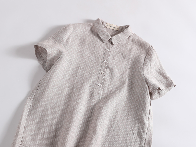 着るほどに愛着がわくストライプワンピース 半袖 麻100 ベージュ 3 Iichi ハンドメイド クラフト作品 手仕事品の通販