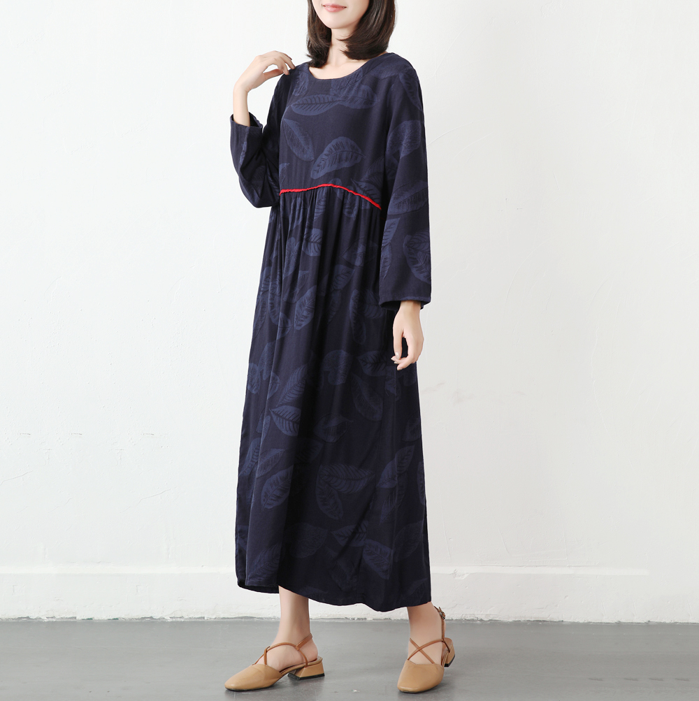紺色 葉 綿麻のワンピース 長袖ワンピース Iichi ハンドメイド クラフト作品 手仕事品の通販 紺色 葉 綿麻のワンピース 長袖ワンピース Iichi ハンドメイド クラフト作品 手仕事品の通販