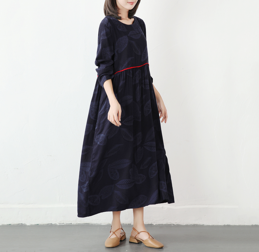 紺色 葉 綿麻のワンピース 長袖ワンピース Iichi ハンドメイド クラフト作品 手仕事品の通販