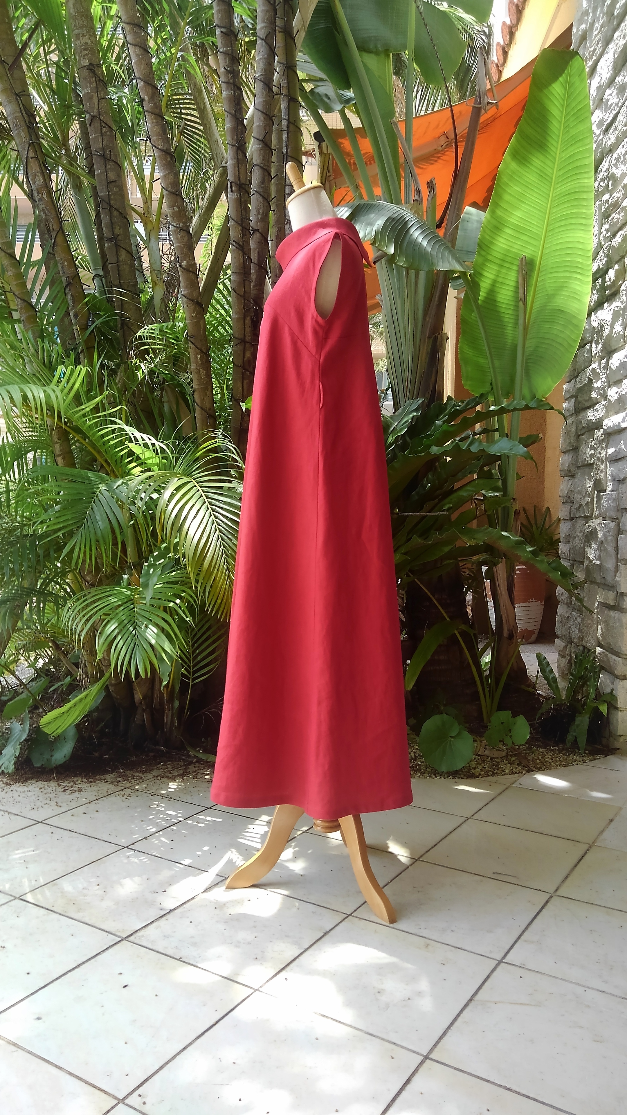 M リネン リゾート ロングドレス ロールカラー クラシカルワンピース スモーキーレッド Iichi ハンドメイド クラフト作品 手仕事品の通販