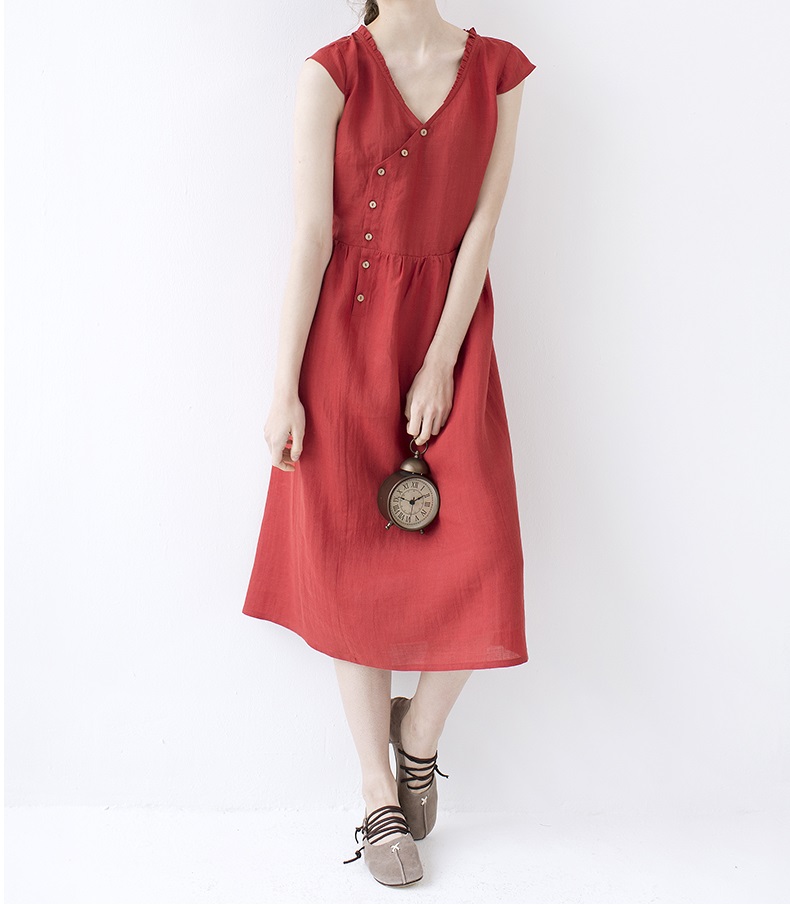 L リネン100 Vネック大人可愛い半袖ワンピース Iichi ハンドメイド クラフト作品 手仕事品の通販