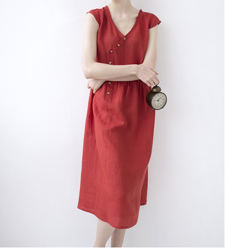 L リネン100 Vネック大人可愛い半袖ワンピース Iichi ハンドメイド クラフト作品 手仕事品の通販