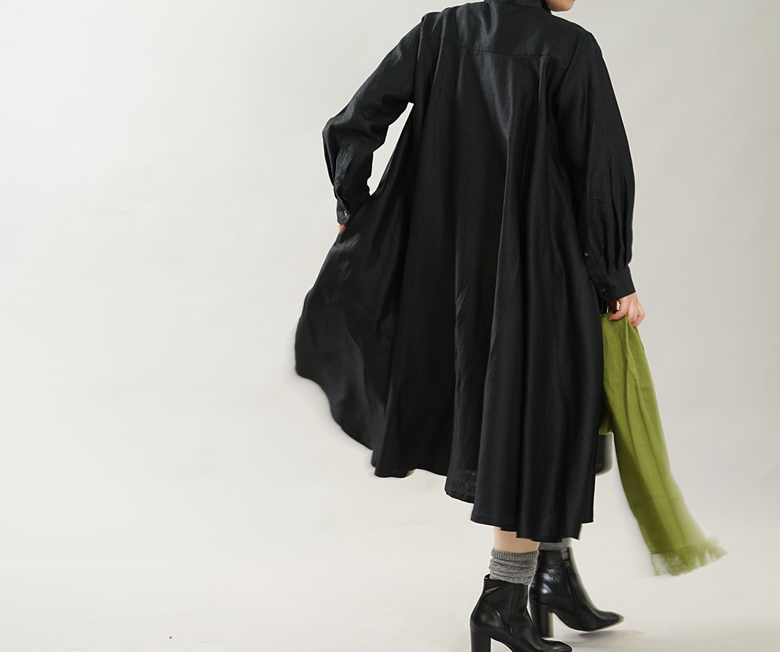 薄手 リネン 羽織 2way リネンワンピース シャツ フレアドレス 長袖 ミモレ丈 ブラック A080a k1 Iichi ハンドメイド クラフト作品 手仕事品の通販