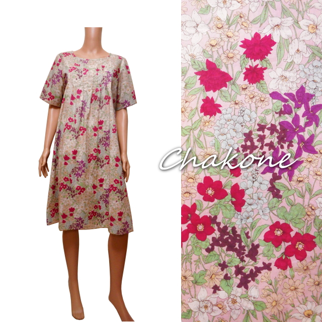 ワンピース ピンタック ワンピース 半袖 ラウンドネック Ml 綿ローン Yuwa 花柄 レトロ ヴィンテージ調 Iichi ハンドメイド クラフト作品 手仕事品の通販