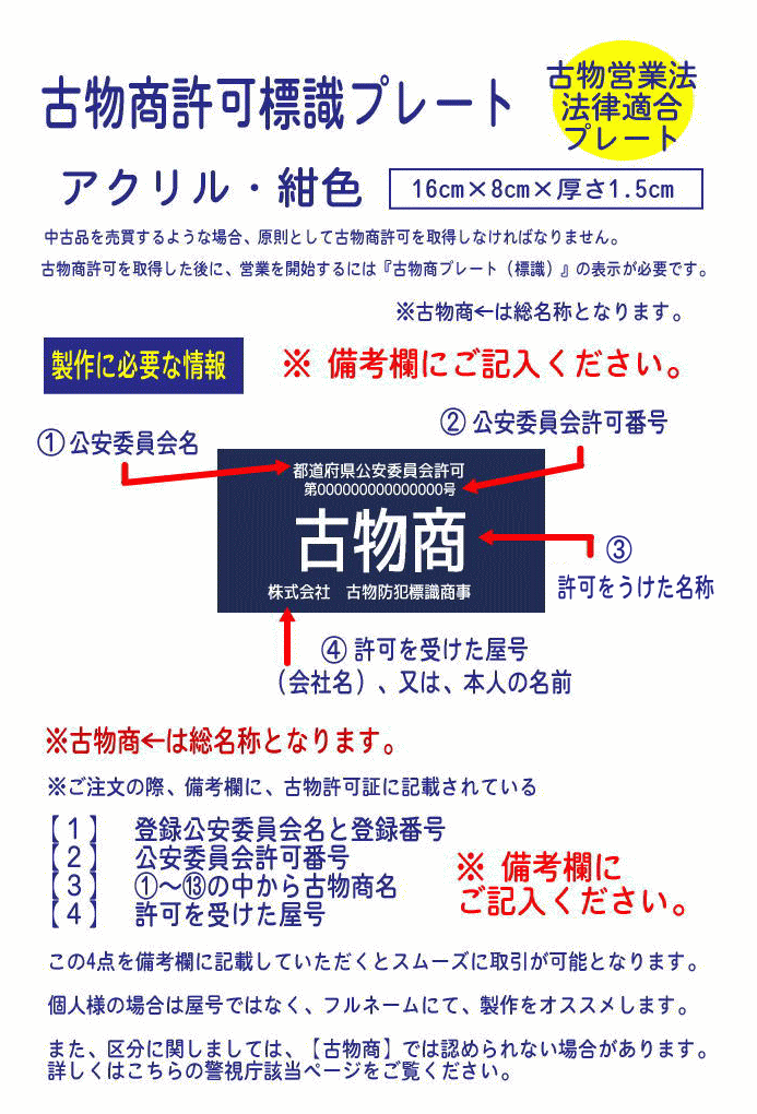 古物商プレート 【許可証】 紺色 標識 警察・公安委員会指定 オーダーメイド 2層板アクリル製彫刻 | iichi  ハンドメイド・クラフト作品・手仕事品の通販