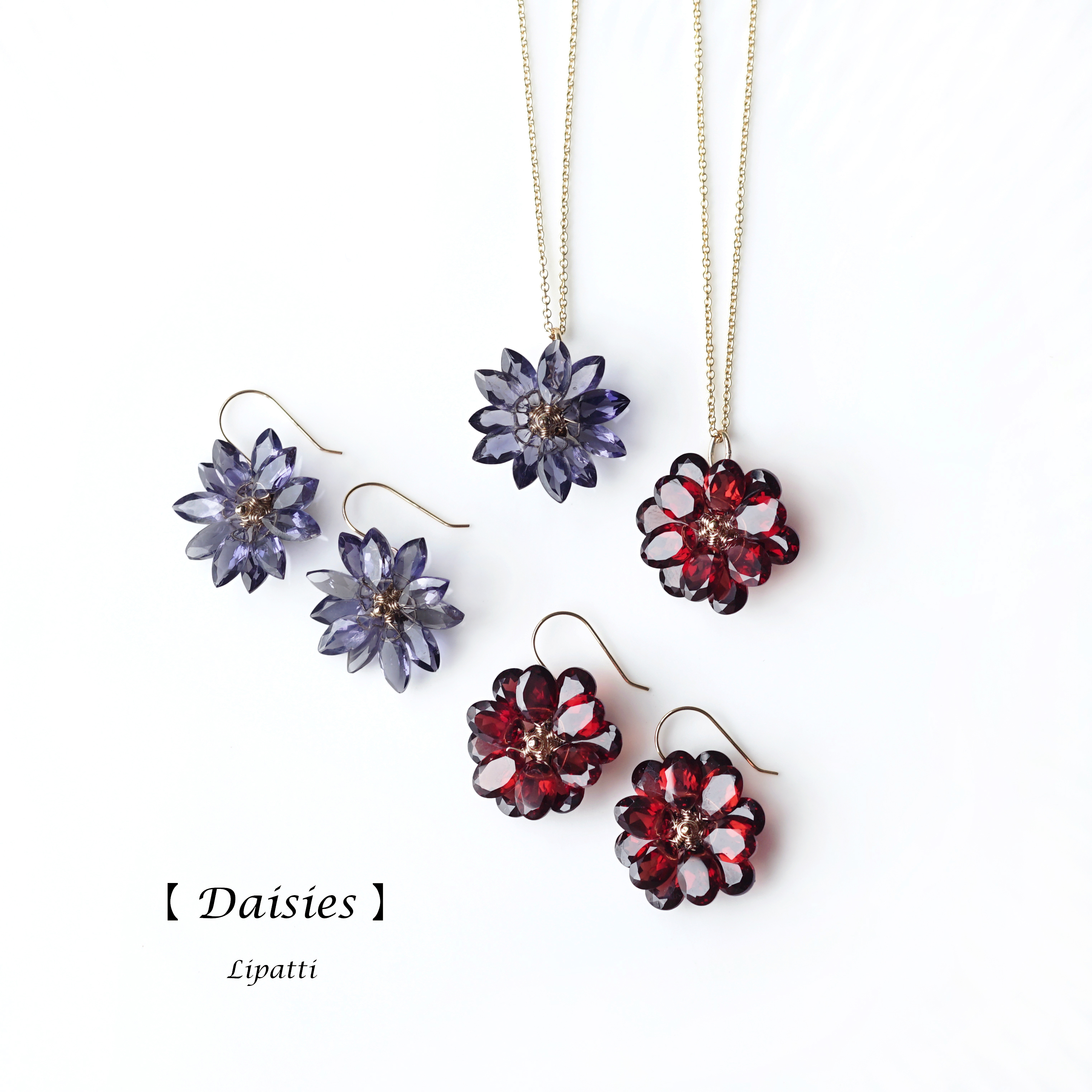 ガーネットの花びらによるダリアの45cmネックレス Dahlia Iichi ハンドメイド クラフト作品 手仕事品の通販