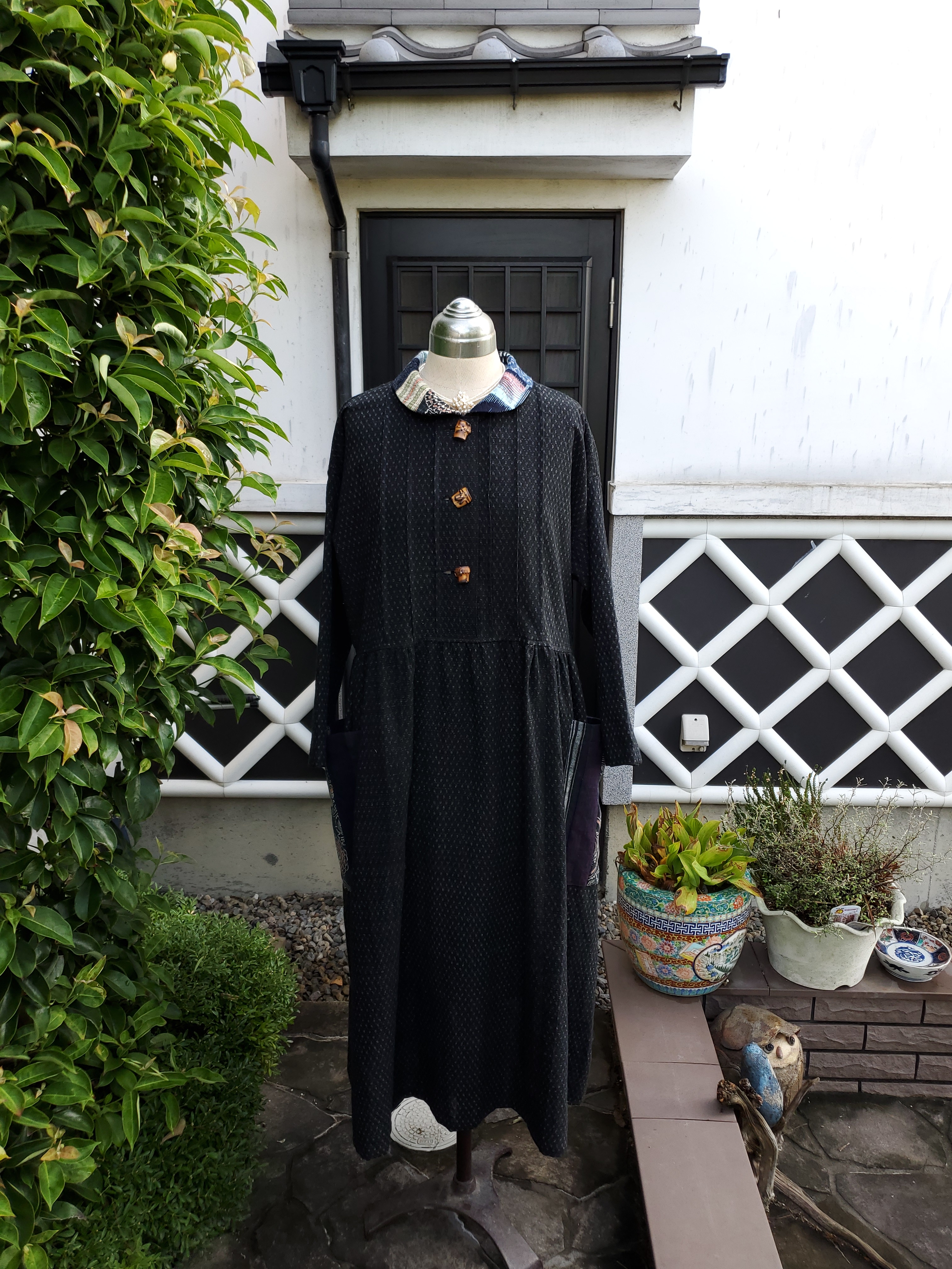 着物リメイク 細かいかすり 衿ショールカラーがかわいい 木綿 ワンピース Iichi ハンドメイド クラフト作品 手仕事品の通販