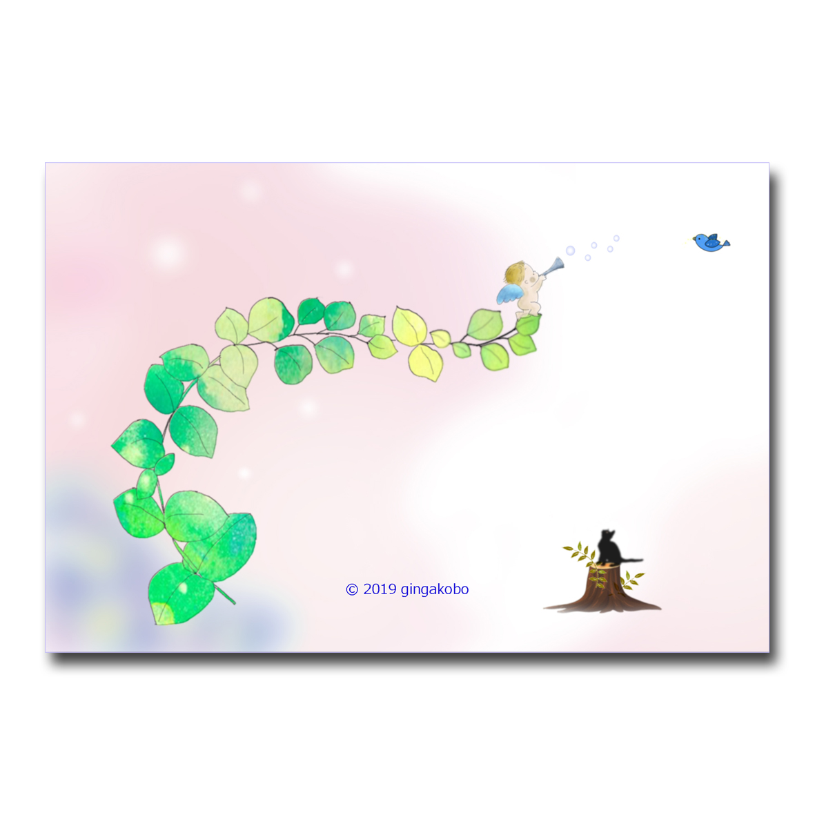 黒猫とエンジェルと幸せの青い鳥 ほっこり癒しのイラストポストカード2枚組 No 858 Iichi ハンドメイド クラフト作品 手仕事品の通販