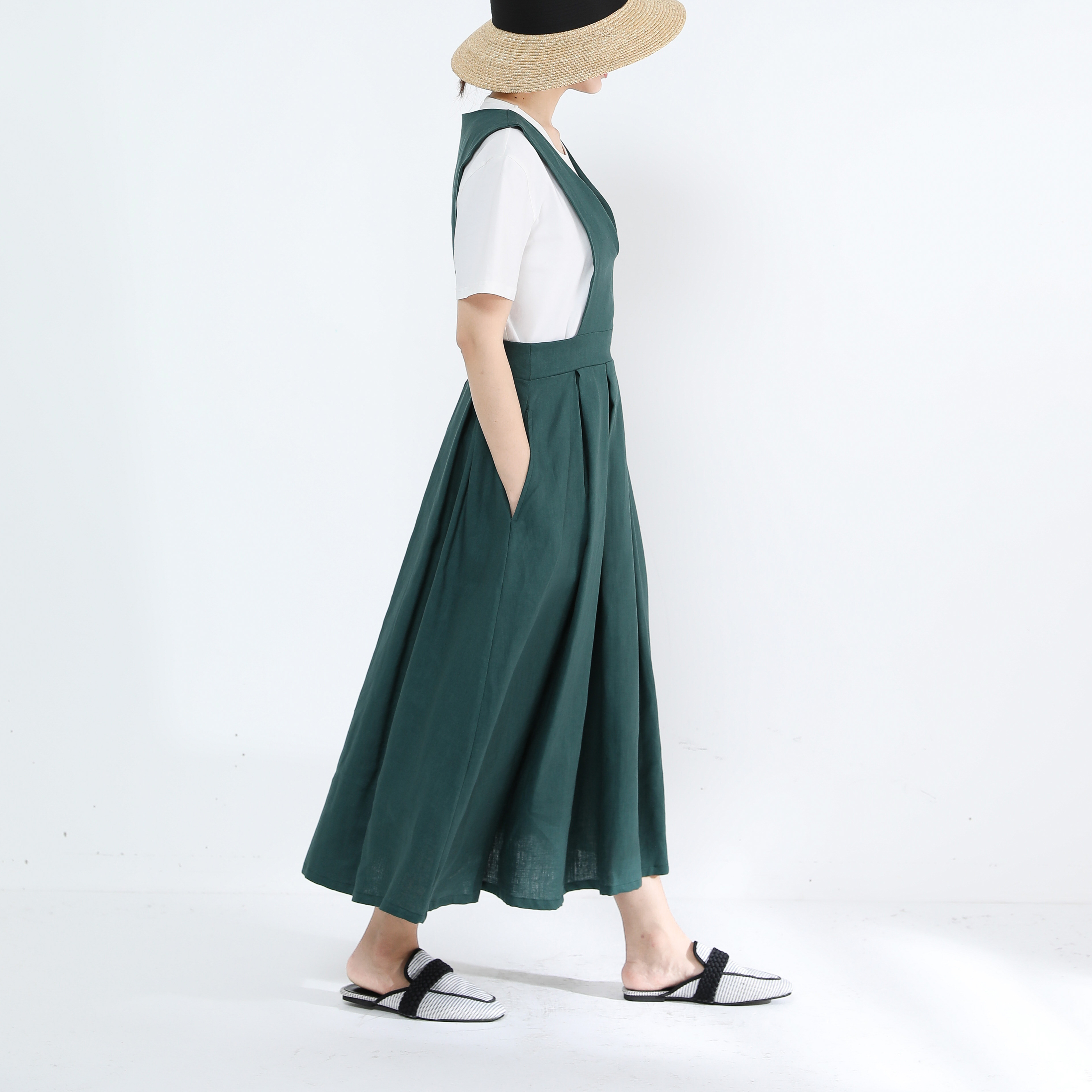 ジャンパースカート タック リネン100 グリーン Iichi ハンドメイド クラフト作品 手仕事品の通販