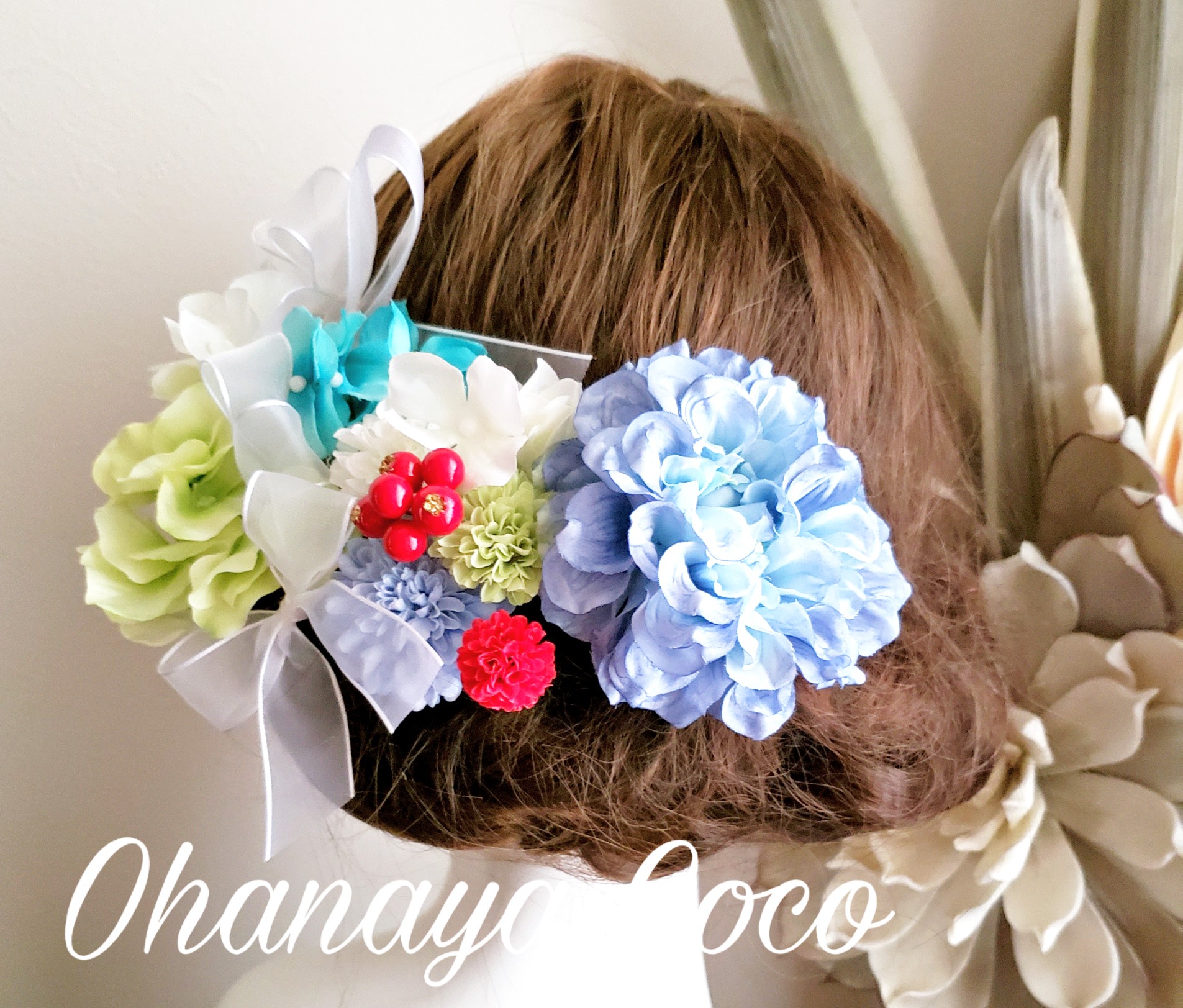 Fuwa揺る 水色ダリアとオーガンジーリボンの髪飾りno6 Iichi ハンドメイド クラフト作品 手仕事品の通販