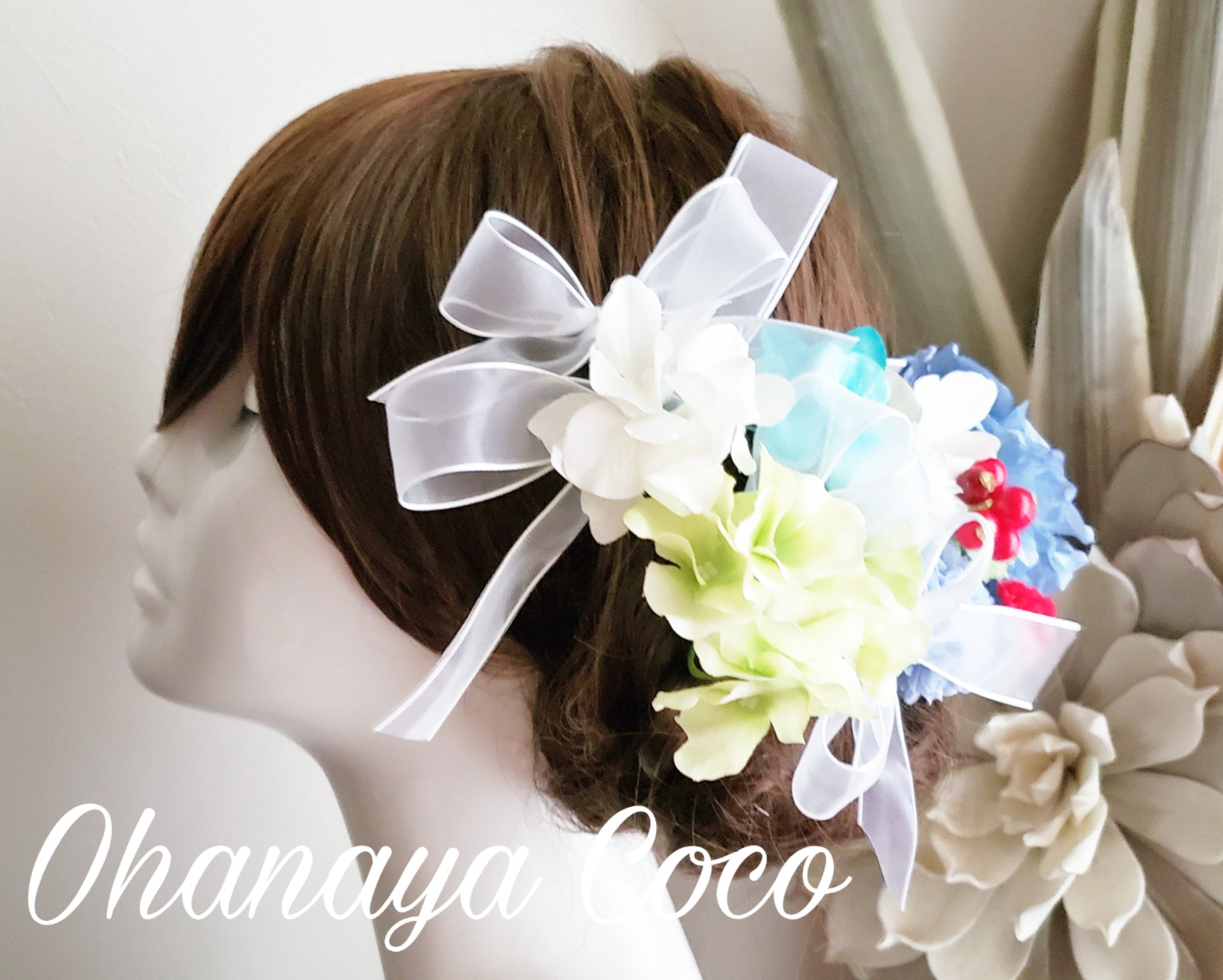 Fuwa揺る 水色ダリアとオーガンジーリボンの髪飾りno6 Iichi ハンドメイド クラフト作品 手仕事品の通販