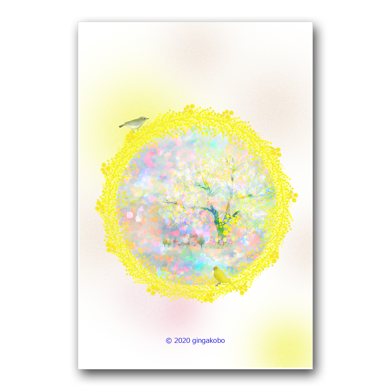春への入り口 ミモザのリース ほっこり癒しのイラストポストカード2枚組 No 960 Iichi ハンドメイド クラフト作品 手仕事品の通販