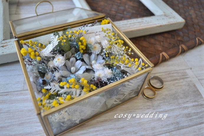 透明ガラスboxミモザ ブルー リングピロー Iichi ハンドメイド クラフト作品 手仕事品の通販