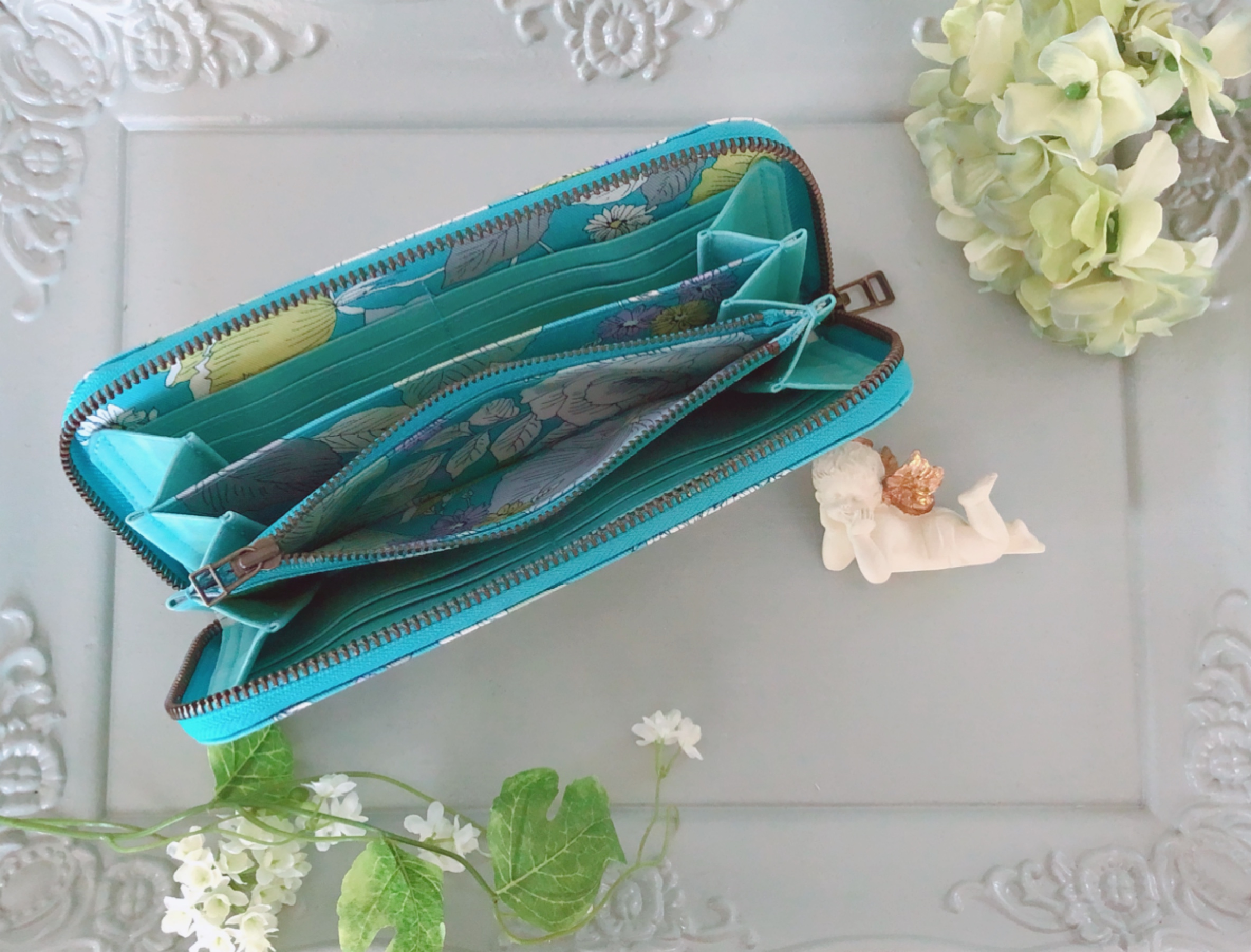 大人かわいい布財布 鮮やかターコイズブルー花柄 Iichi ハンドメイド クラフト作品 手仕事品の通販