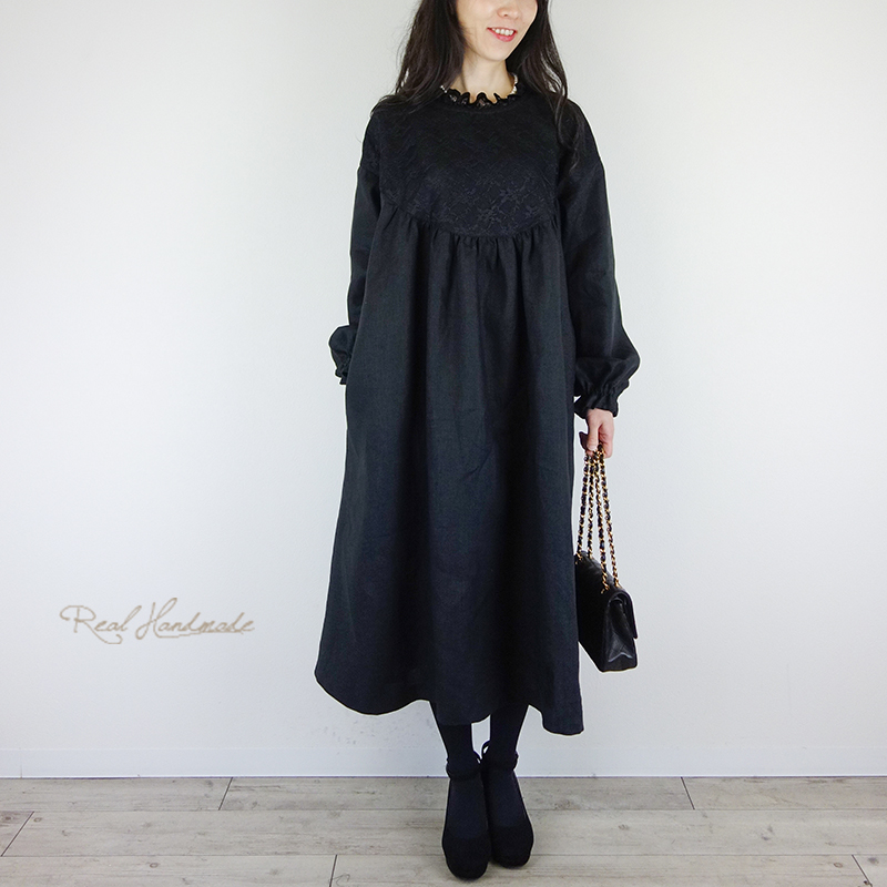 予約販売 ヨーロッパブラックリネンアンティーク風丸ヨーク袖フリルワンピース Iichi ハンドメイド クラフト作品 手仕事品の通販