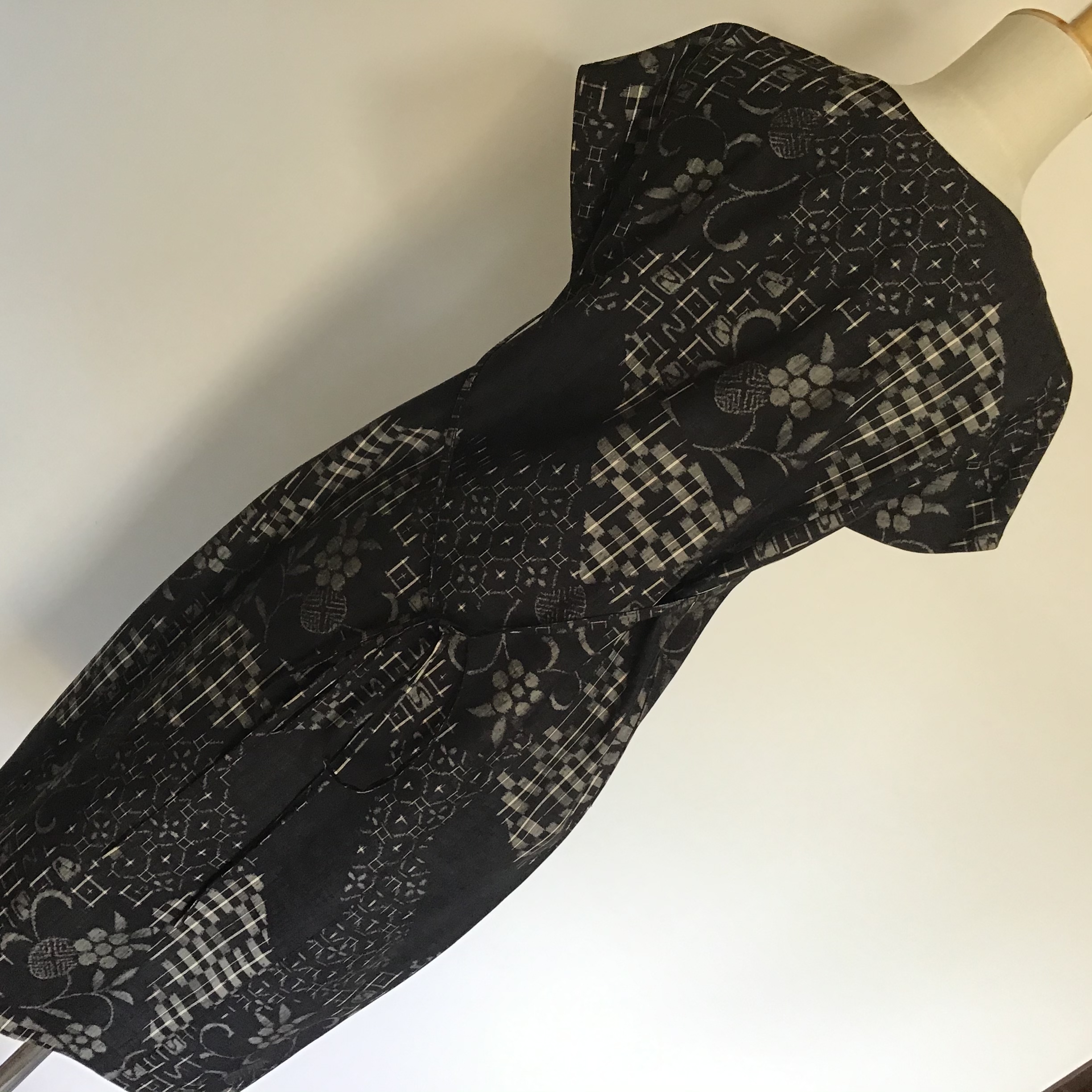 美しい 着物リメイク ちりめんと紬 フレンチ袖ワンピース L 100 の保証