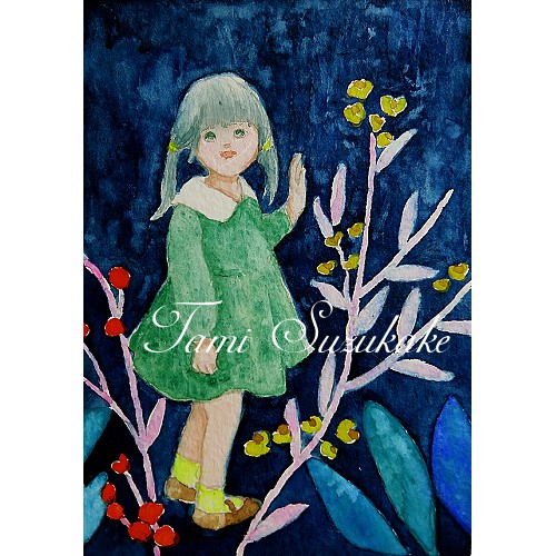 水彩画 原画 可愛い女の子 夜の花 Iichi ハンドメイド クラフト作品 手仕事品の通販