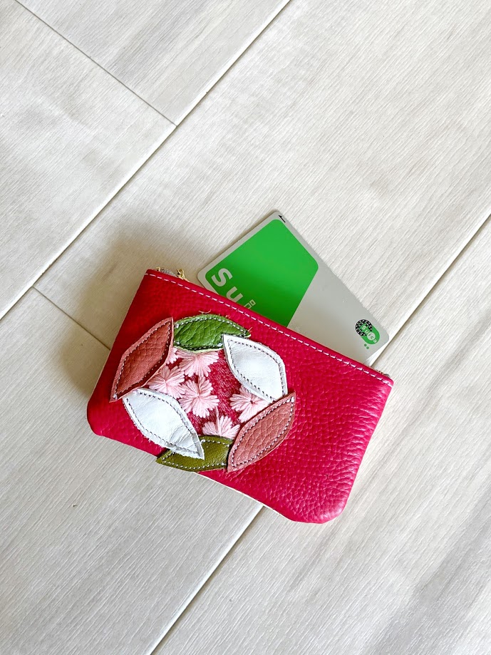 Sakura革小物 ポーチ 本革 レッド クロコ型押し ホワイトイエロー W さくら チュール Iichi ハンドメイド クラフト作品 手仕事品の通販