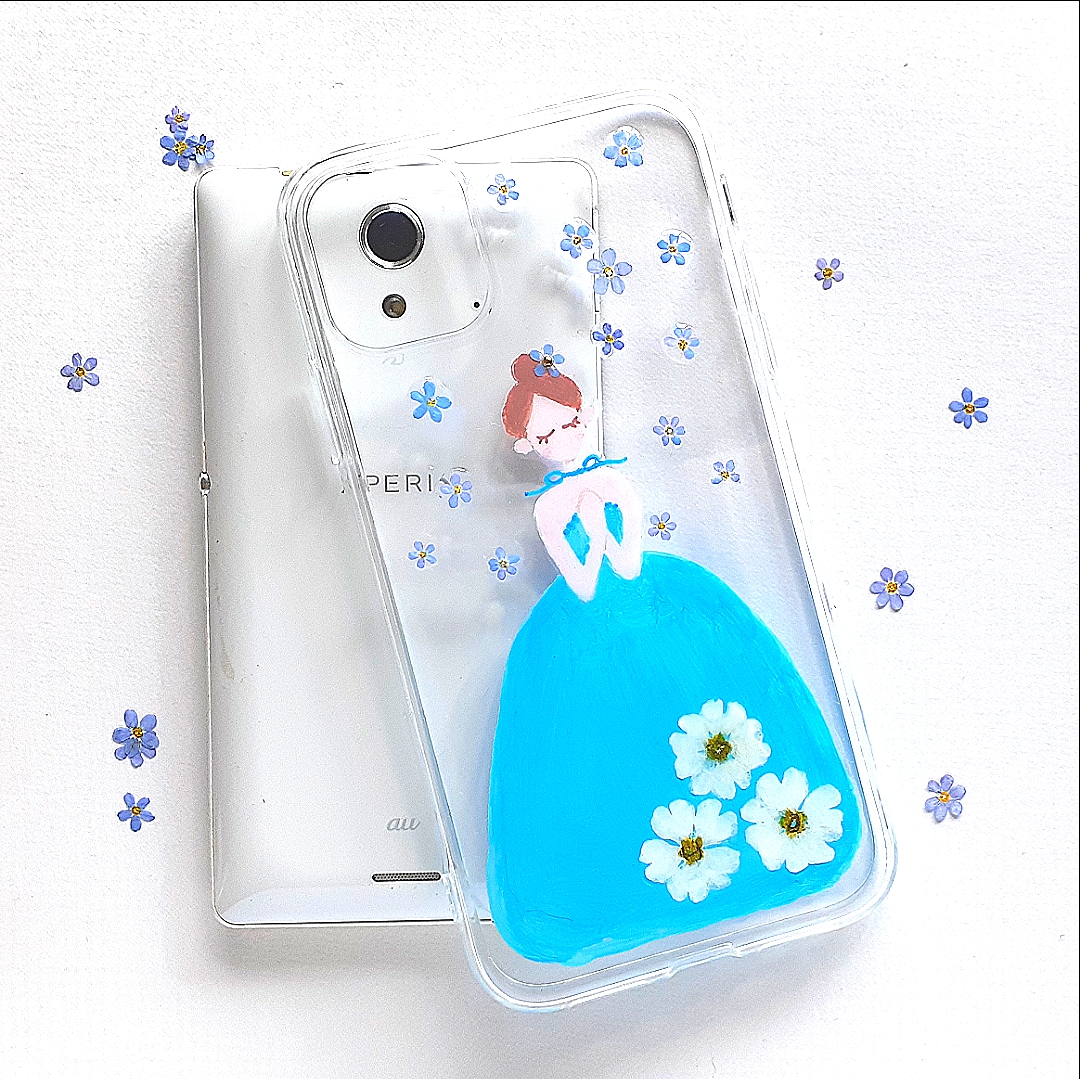 女の子 青色 イラスト 絵の具 ブルー 小花 スマホケース カバー ドレス 押し花 ドライフラワー Iphone 大人カワイイ Iichi ハンドメイド クラフト作品 手仕事品の通販