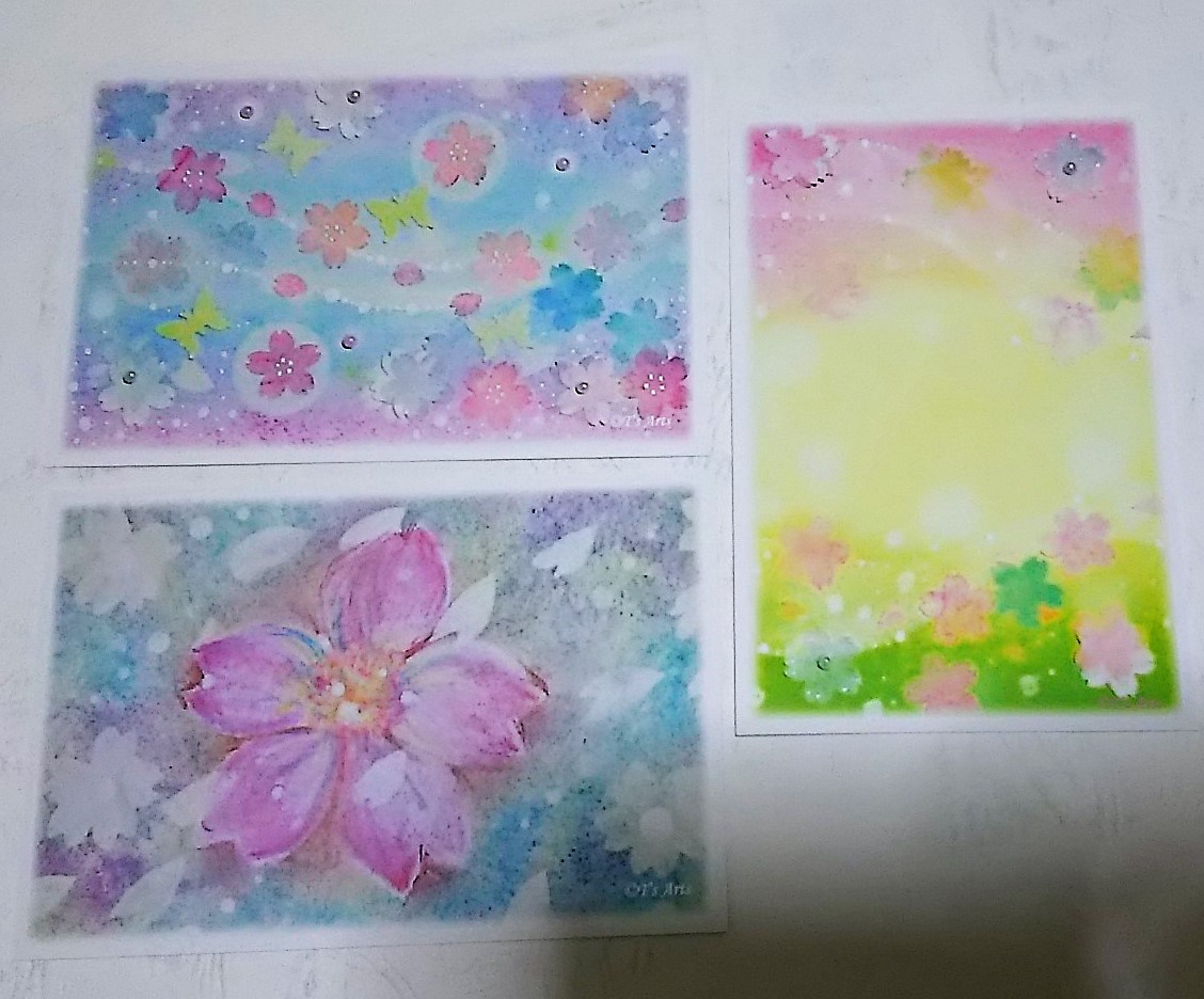 春の絵葉書 桜のイラストポストカード3枚セット パステルアート Iichi ハンドメイド クラフト作品 手仕事品の通販