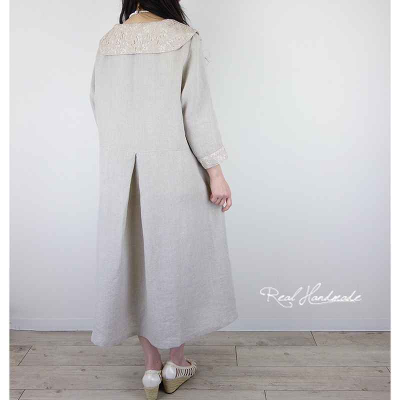 予約販売]ヨーロッパナチュラルリネンケミカルレースタックワンピース 