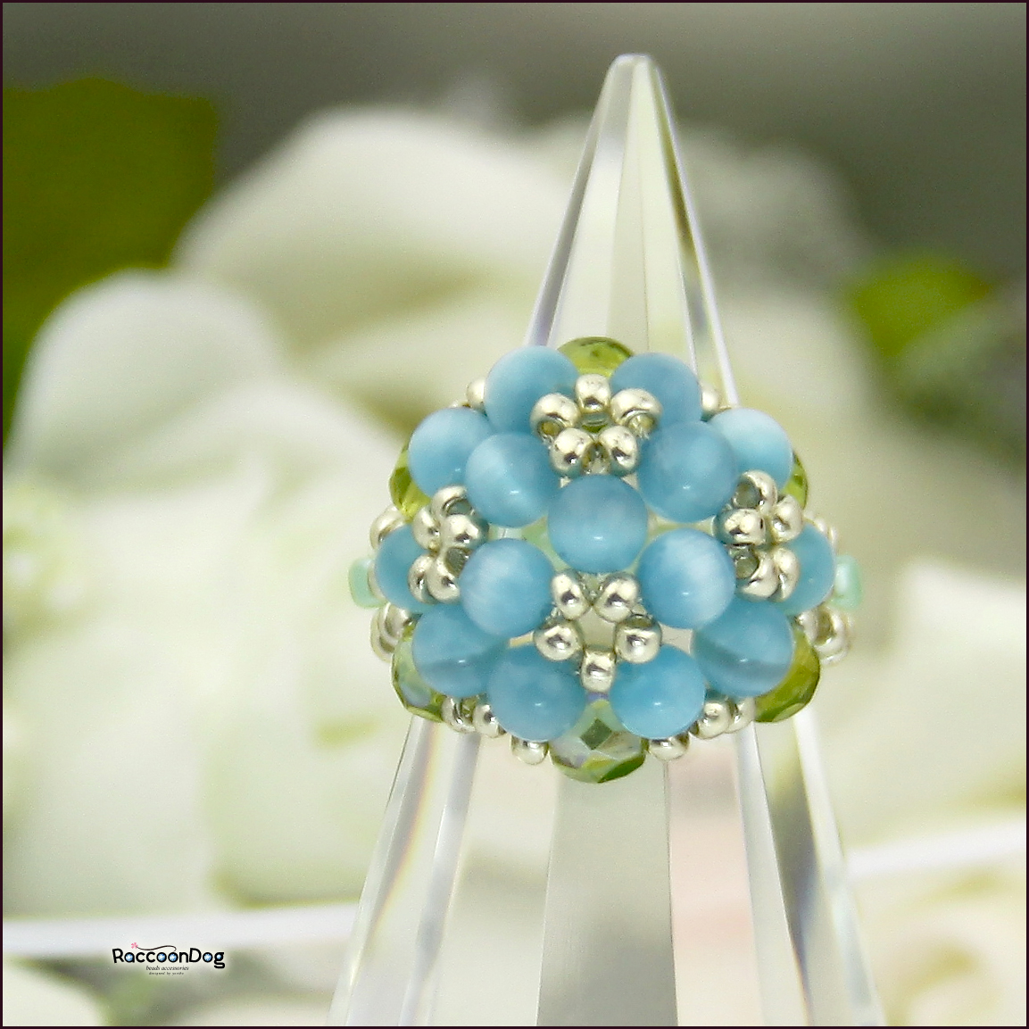 こんもりアクアマリン色の紫陽花リング キャッツアイ チェコビーズ ビーズリング ビーズアクセサリー Iichi ハンドメイド クラフト作品 手仕事品の通販