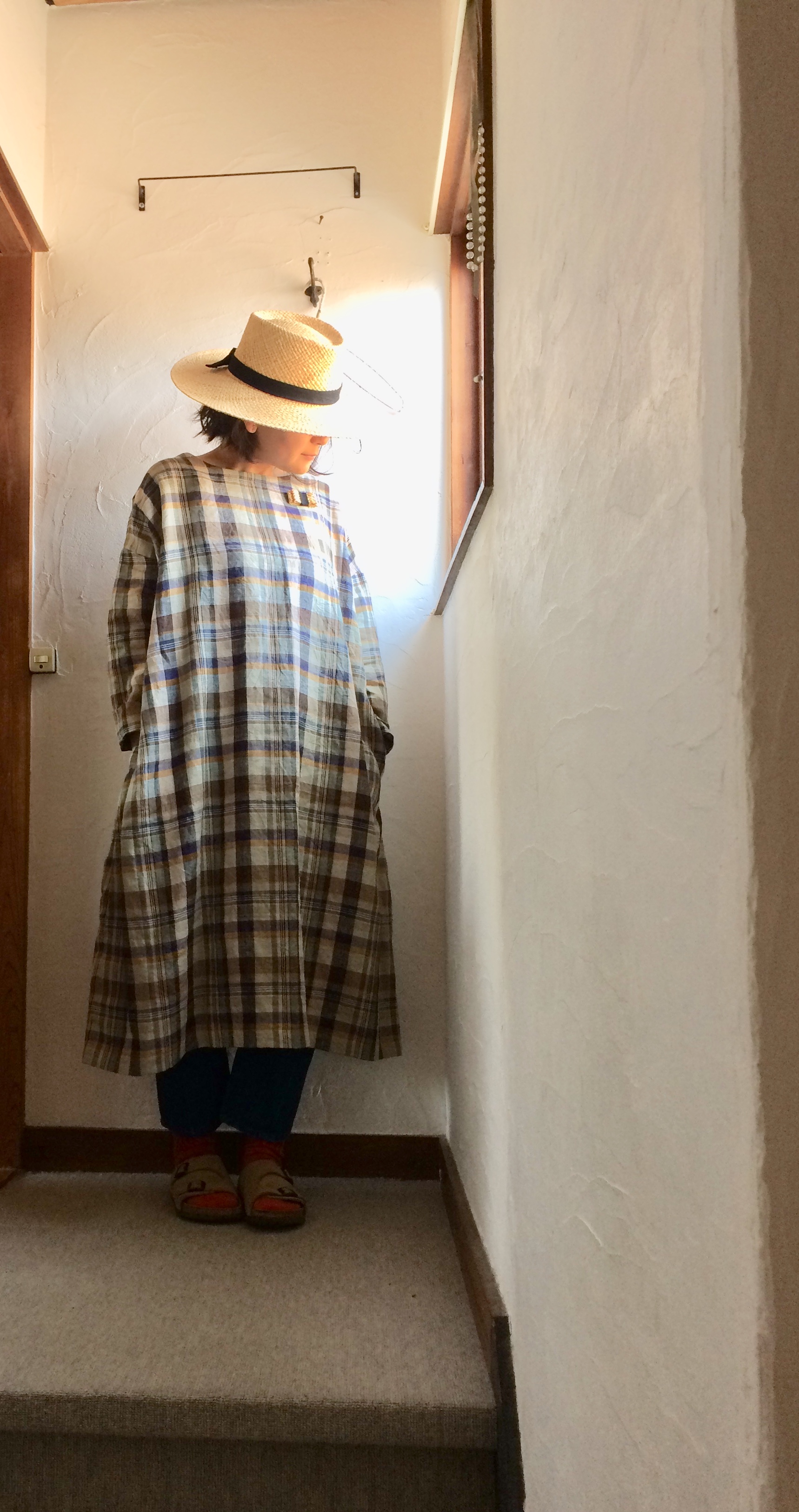 アイリッシュリネン100 シンプルワンピース きなりチェック Iichi ハンドメイド クラフト作品 手仕事品の通販