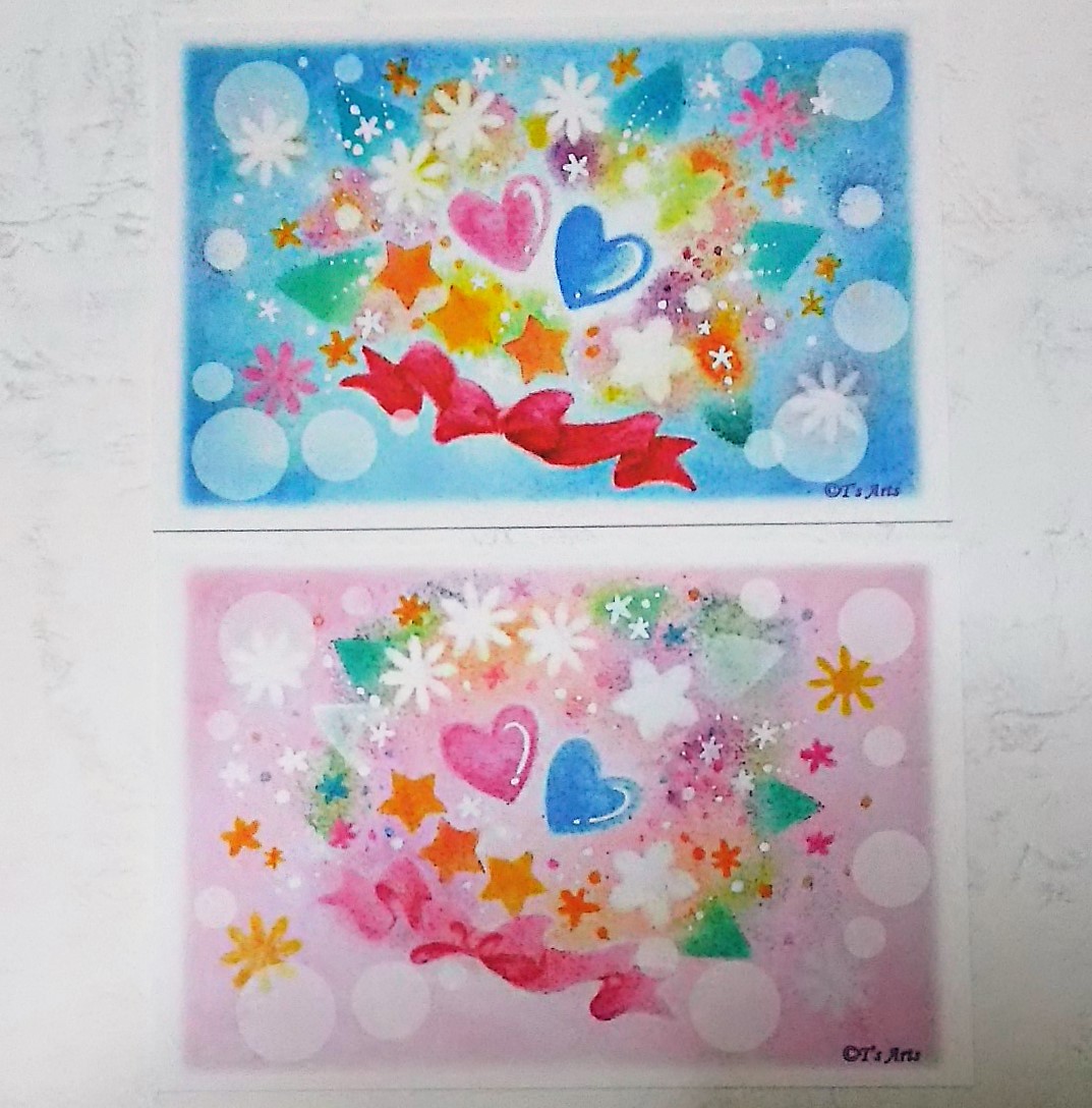 花とハートのイラストポストカード2枚セット パステルアート絵葉書 Iichi ハンドメイド クラフト作品 手仕事品の通販