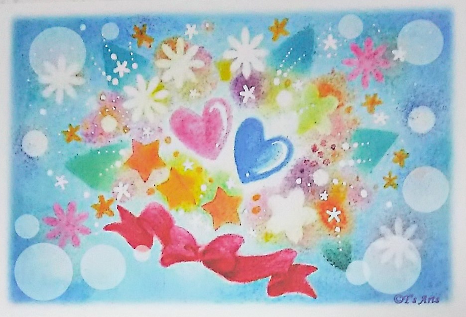 花とハートのイラストポストカード2枚セット パステルアート絵葉書 Iichi ハンドメイド クラフト作品 手仕事品の通販
