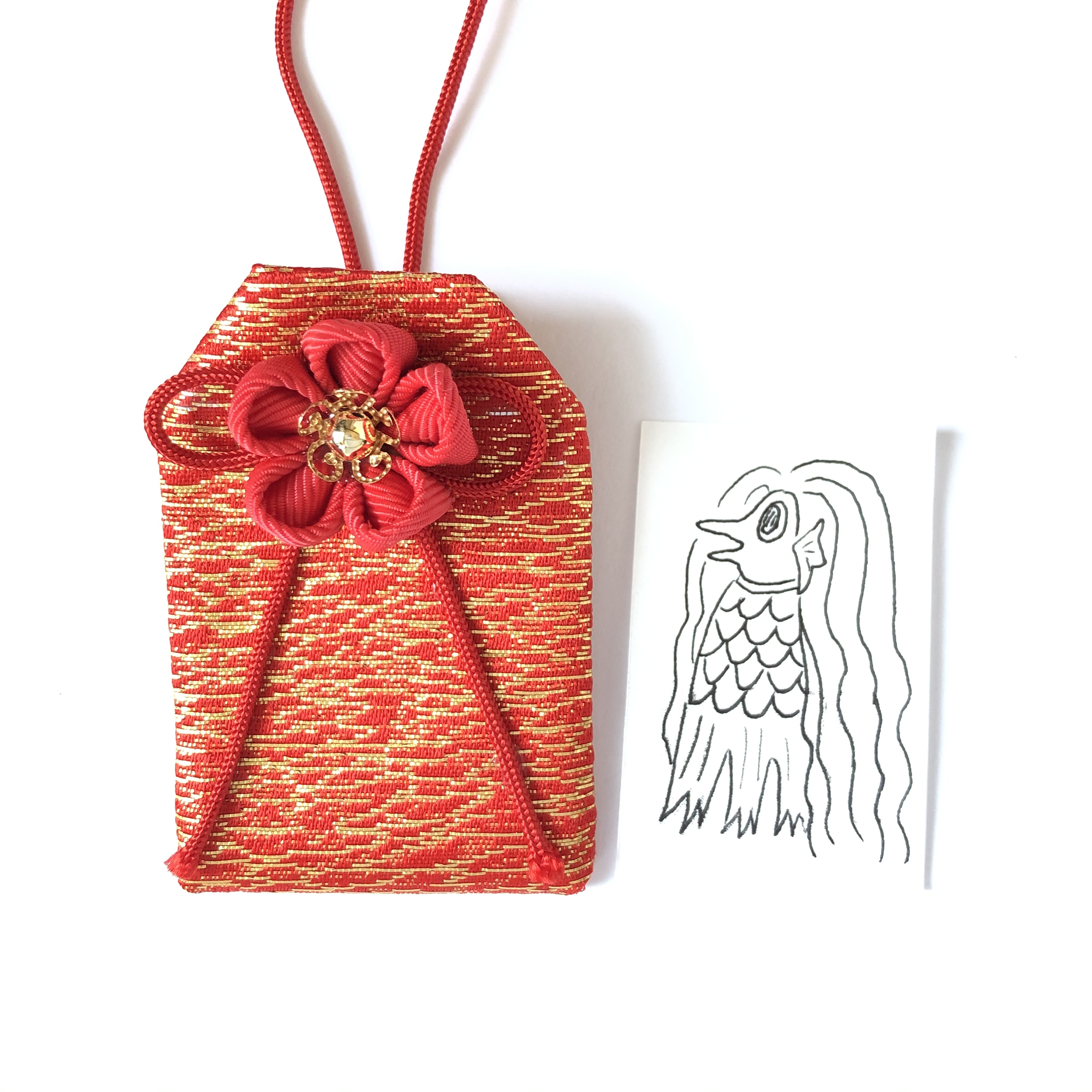 アマビエのイラスト入り金襴お守り袋 元巫女の花のお守り袋 Iichi ハンドメイド クラフト作品 手仕事品の通販