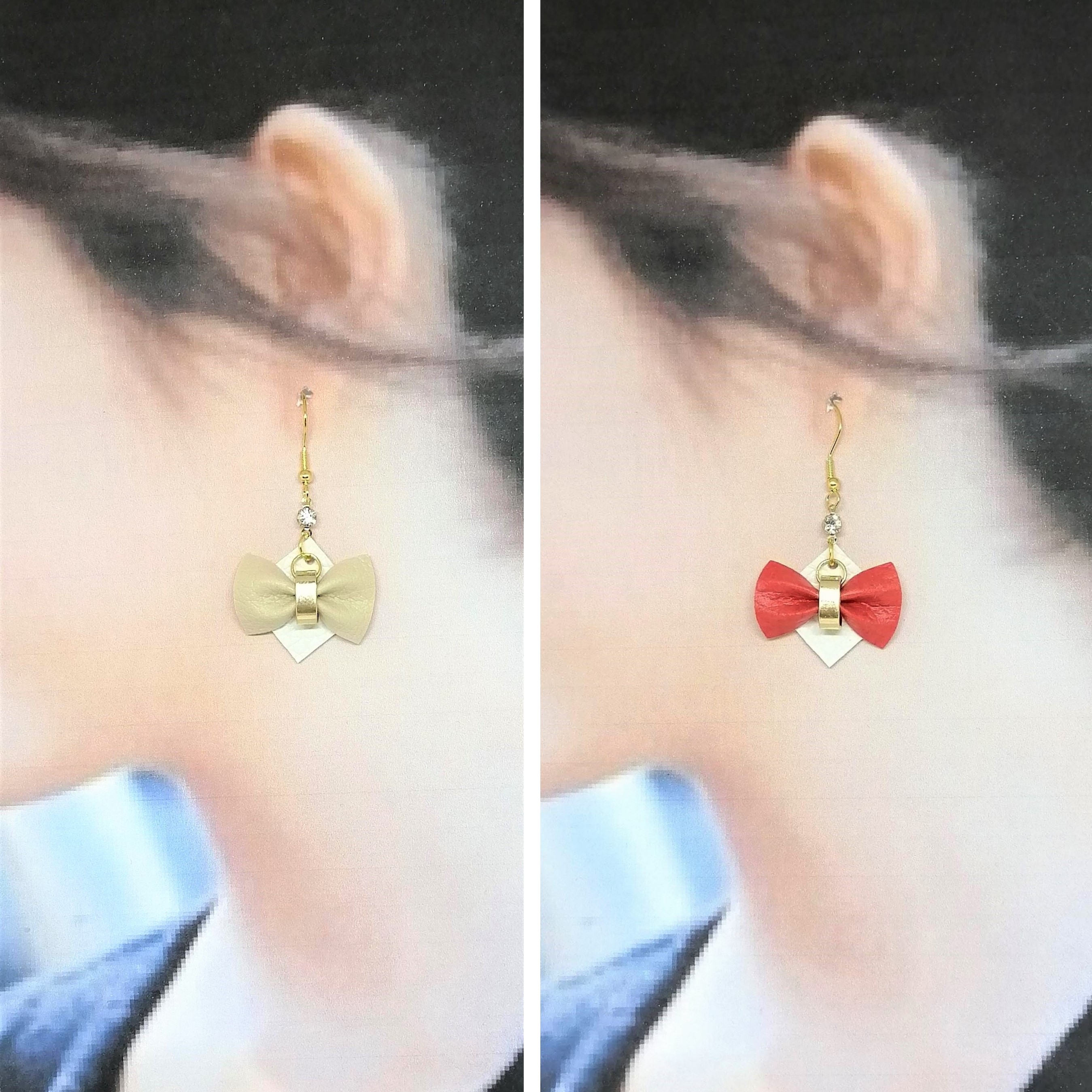 7カラー リボン ストーン 合皮 フェイクレザー サージカルステンレス ピアス イヤリング Iichi ハンドメイド クラフト作品 手仕事品の通販