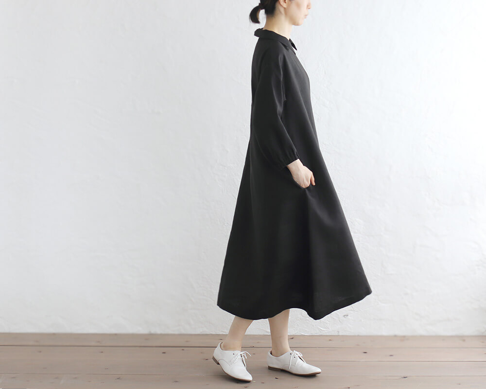 ラクな着心地 リネン クラシカルワンピース 七分袖 Aライン ブラック Iichi ハンドメイド クラフト作品 手仕事品の通販
