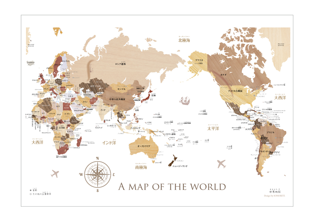 寄木風木目調のおしゃれな世界地図ポスターb2 Iichi ハンドメイド