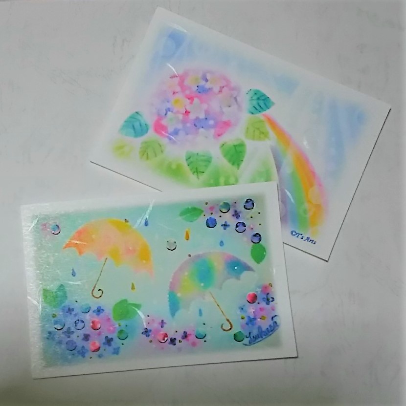 紫陽花と雨傘のポストカード2枚セット 和紙 パステルアート イラスト Iichi ハンドメイド クラフト作品 手仕事品の通販