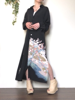 着物リメイク 留袖 ビッグシャツロングワンピース リボンベルト付き Iichi ハンドメイド クラフト作品 手仕事品の通販