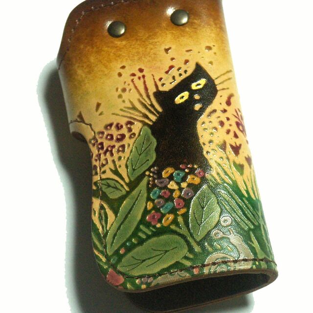 猫のデザイン レザークラフト 森の猫達 Aポーチ18 catwalk oikawa