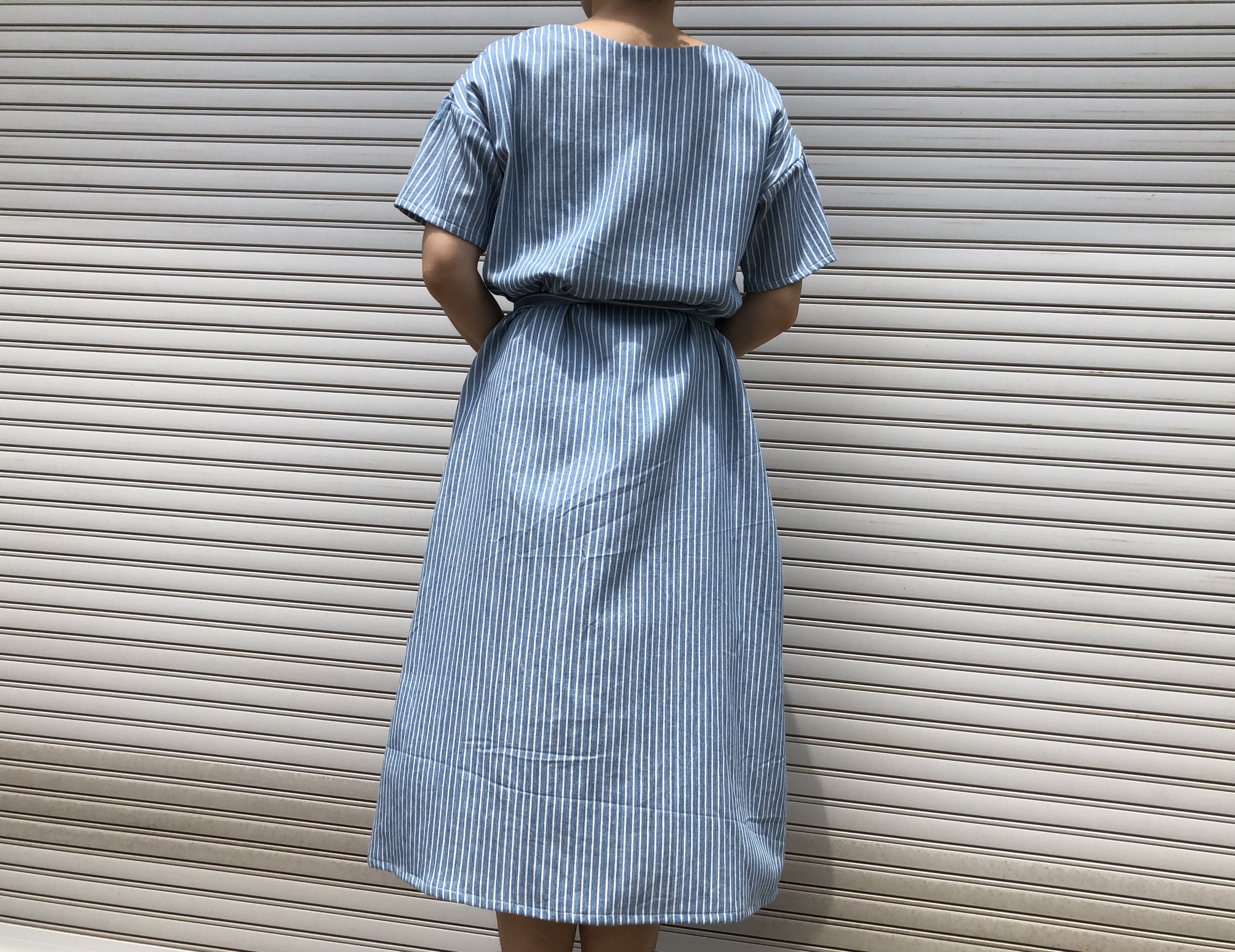 コットンリネン 透けない ゆったり腰紐ワンピース ストライプ 半袖 Iichi ハンドメイド クラフト作品 手仕事品の通販