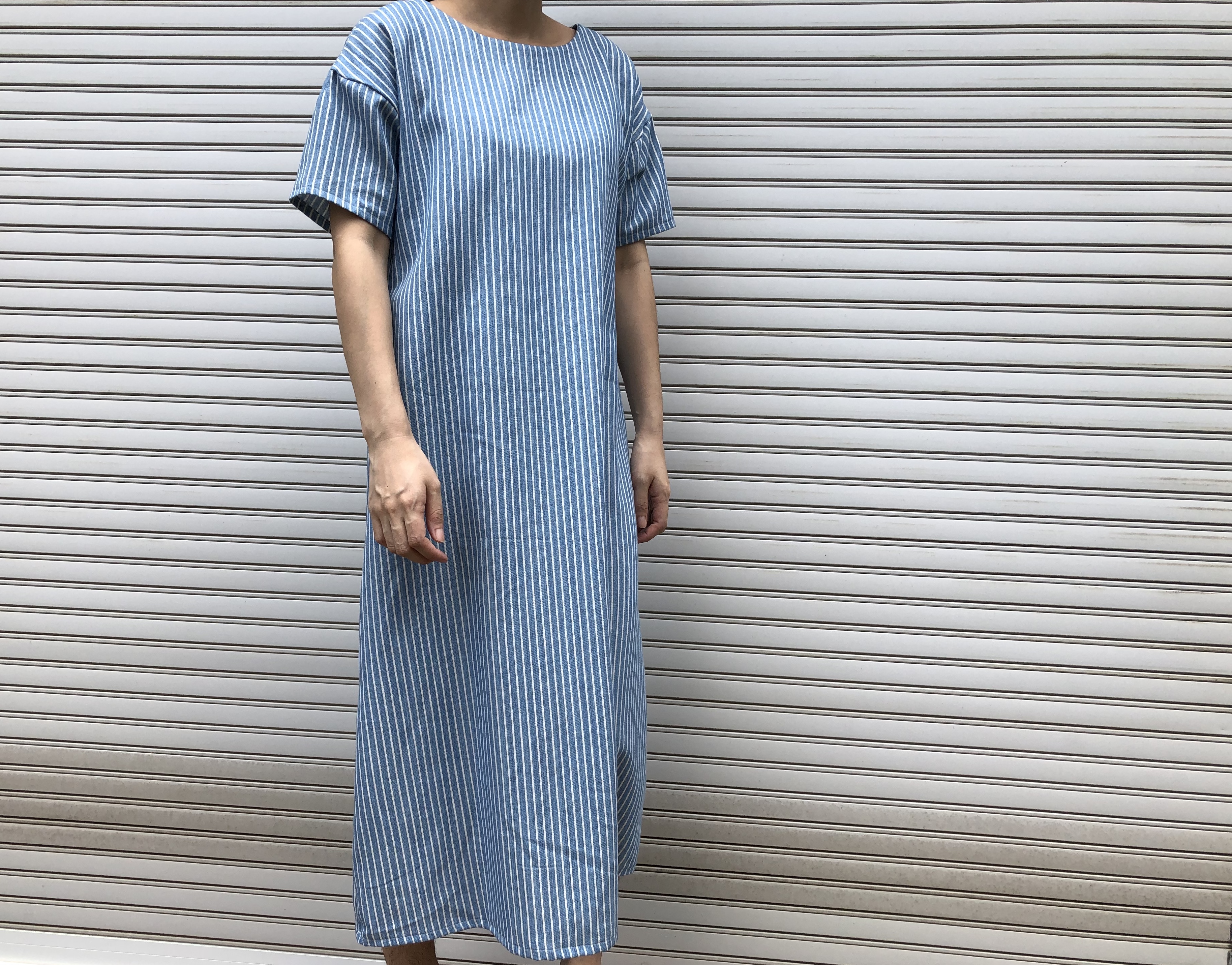 コットンリネン 透けない ゆったり腰紐ワンピース ストライプ 半袖 Iichi ハンドメイド クラフト作品 手仕事品の通販