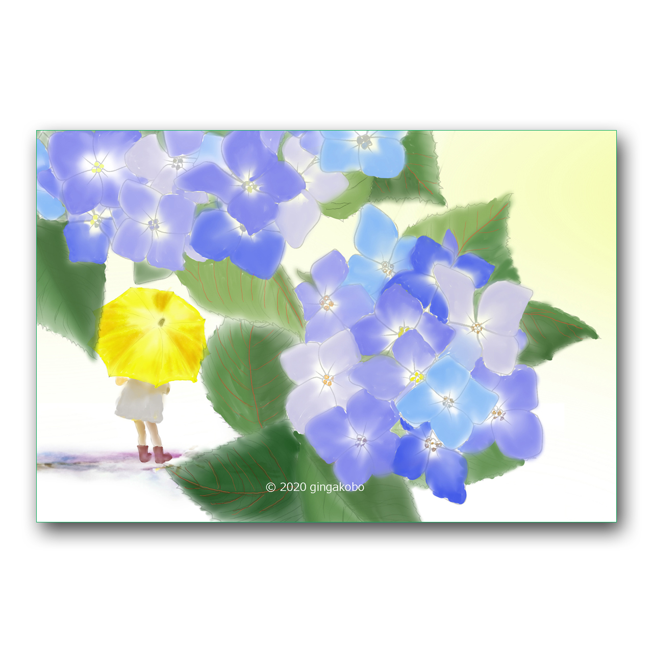 黄色い傘とアジサイ ほっこり癒しのイラストポストカード2枚組 No 10 Iichi ハンドメイド クラフト作品 手仕事品の通販
