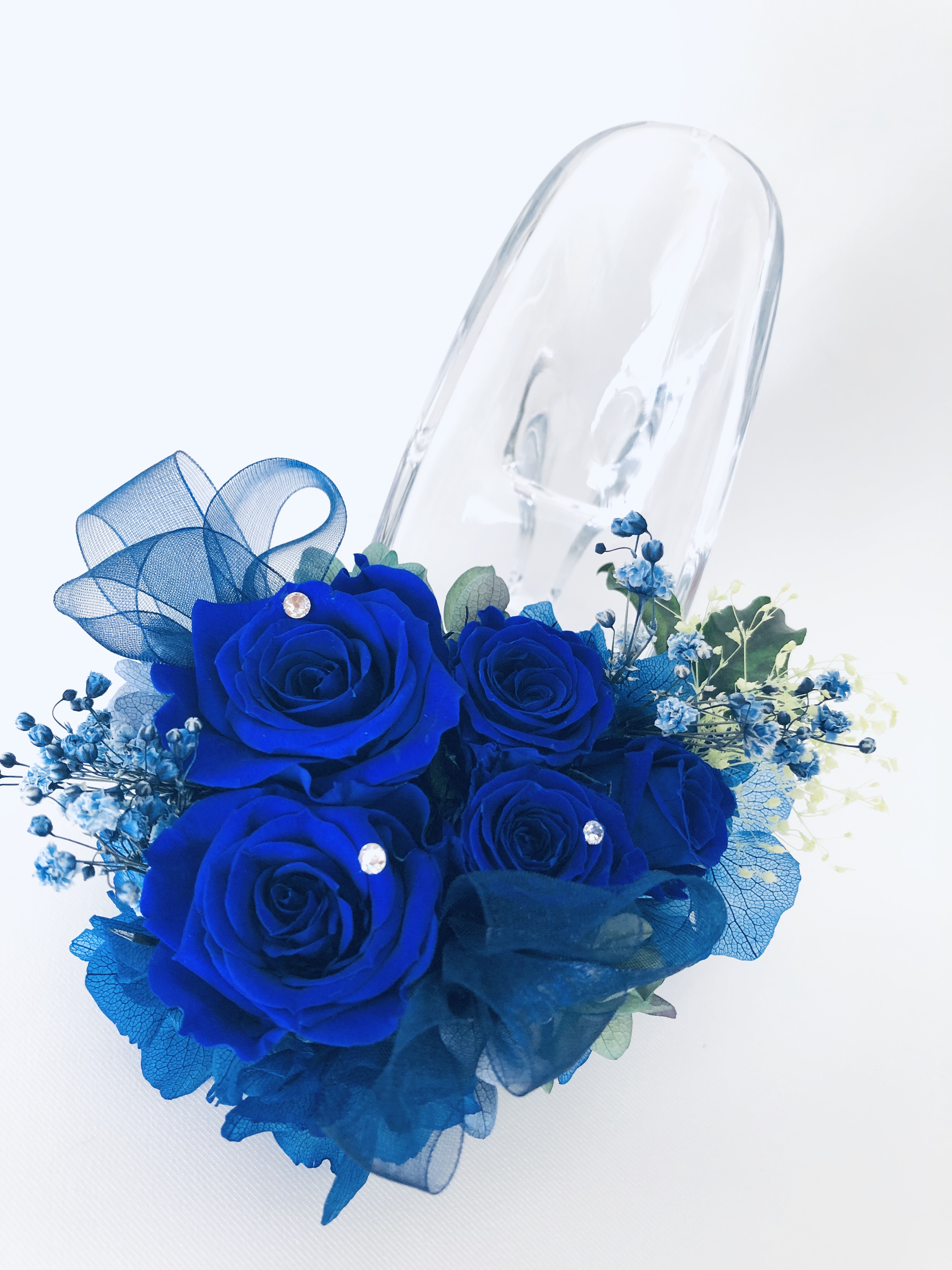 プリザーブドフラワー青い薔薇のガラスの靴アレンジ フラワーケースリボンラッピング付き Iichi ハンドメイド クラフト作品 手仕事品の通販