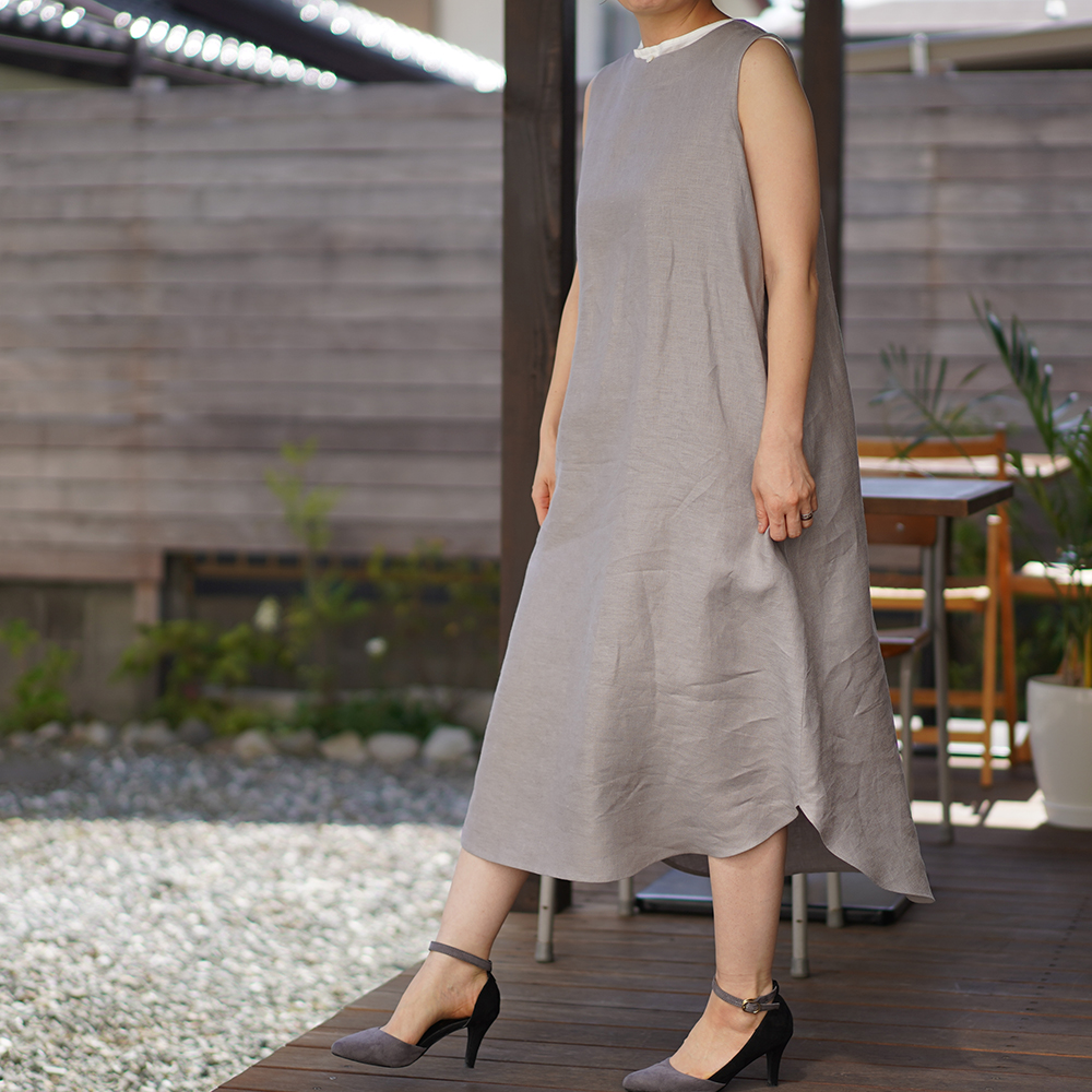 Wafu 中厚地 リネン ノースリーブワンピース リネンワンピース 裾ヘム リネンドレス アッシュパール A069c Asp2 Iichi ハンドメイド クラフト作品 手仕事品の通販