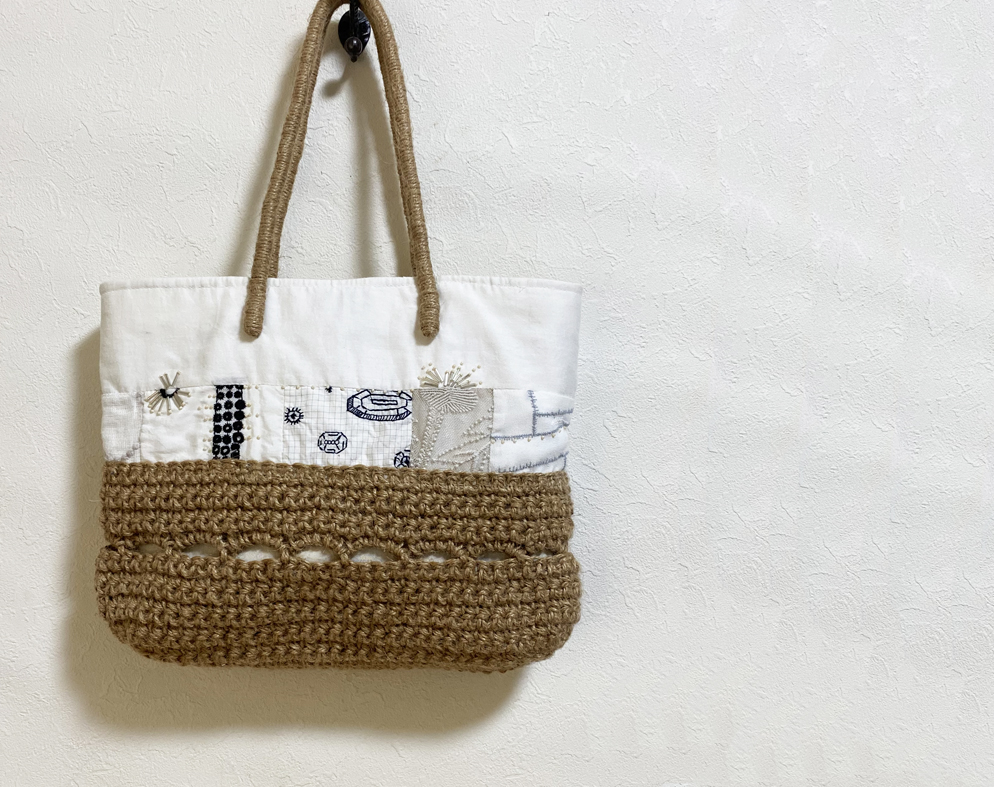 ミナペルホネン生地のパッチーク 麻編みかばん Iichi ハンドメイド クラフト作品 手仕事品の通販
