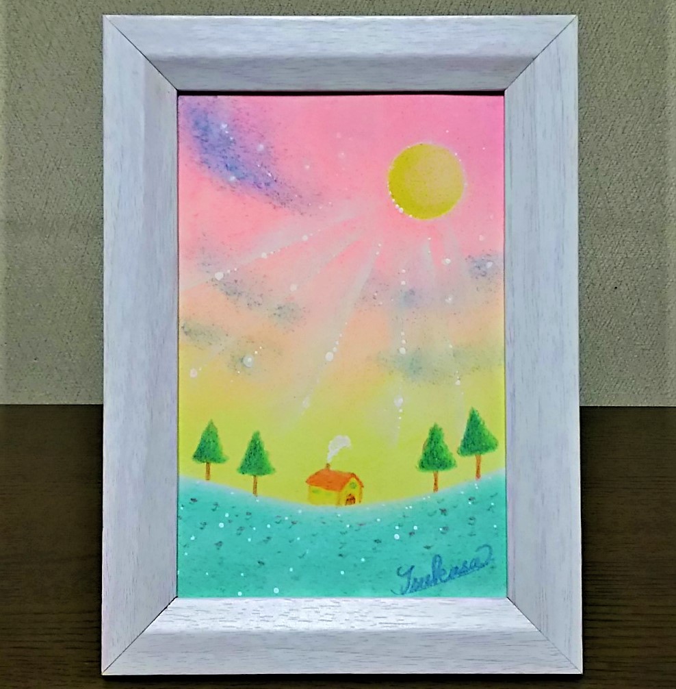 原画 パステル画 レインボー 富士山 パステル イラスト 世界にひとつ