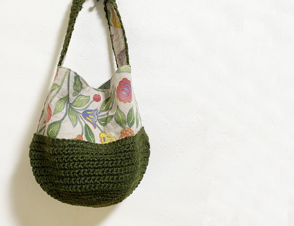ボタニカル柄のワンハンドル麻かばん モスグリーン Iichi ハンドメイド クラフト作品 手仕事品の通販