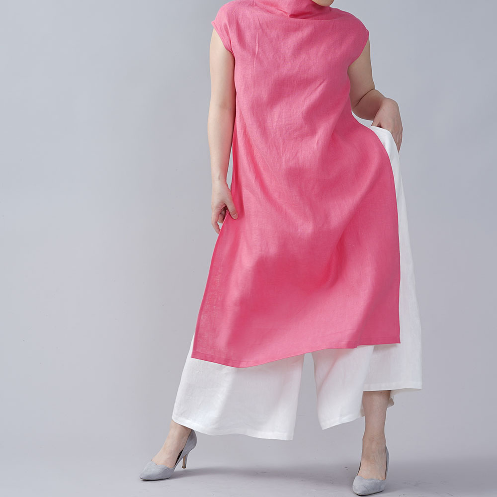 Wafu 中厚 リネン ワンピース ボトルネック サイドスリット ドレス フレンチスリーブ パリスピンク A043a Ppk2 Iichi ハンドメイド クラフト作品 手仕事品の通販