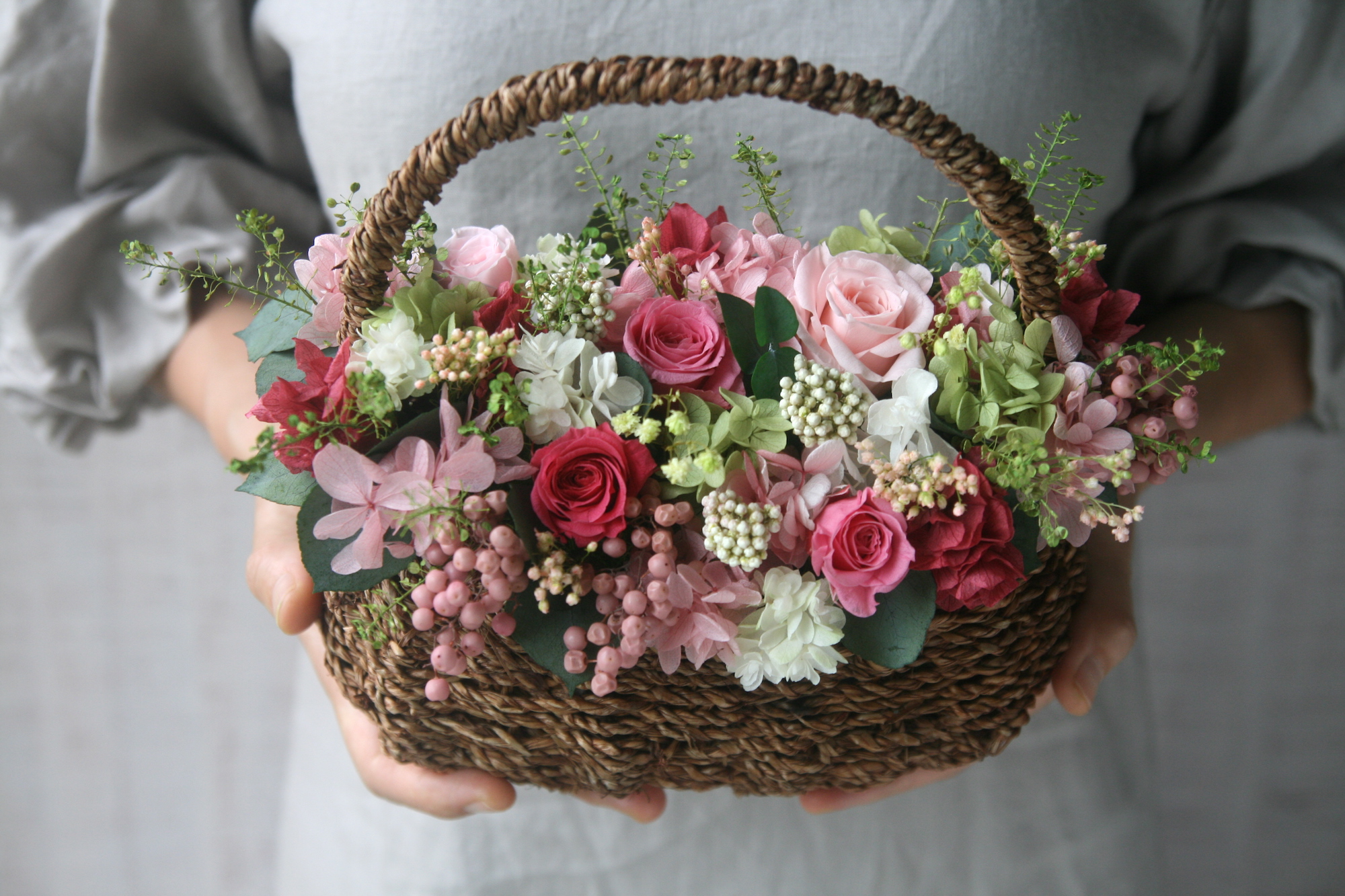 誕生日プレゼント 結婚祝い ご両親贈呈品 ピンクローズのflower Basket Iichi ハンドメイド クラフト作品 手仕事品の通販