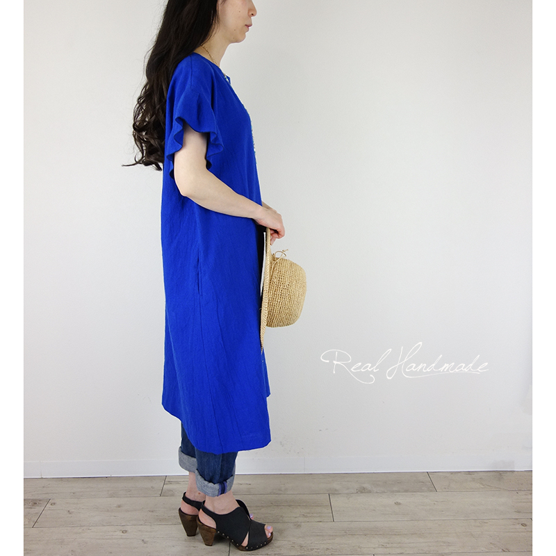 予約販売 ワッシャーハーフリネンロイヤルブルー袖フリルワンピース Iichi ハンドメイド クラフト作品 手仕事品の通販