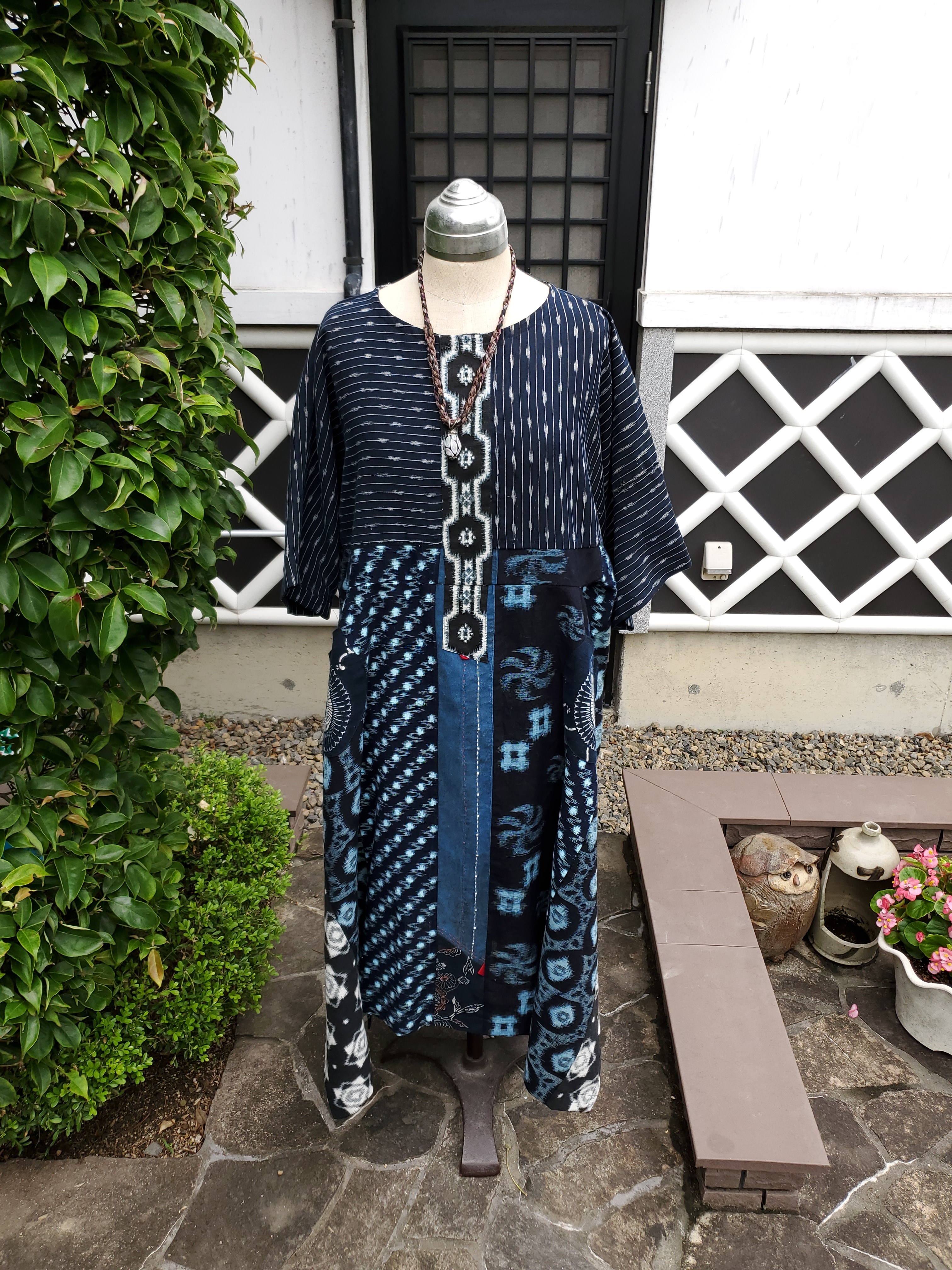 着物リメイク 手作り いろいろなかすり パッチに刺し子 ワンピース Iichi ハンドメイド クラフト作品 手仕事品の通販