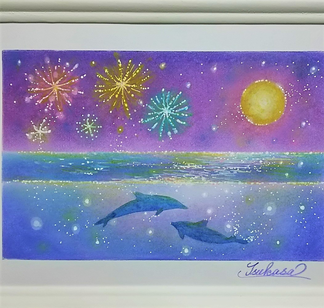 海とイルカのパステルアート 花火煌めく星月夜 Iichi ハンドメイド クラフト作品 手仕事品の通販
