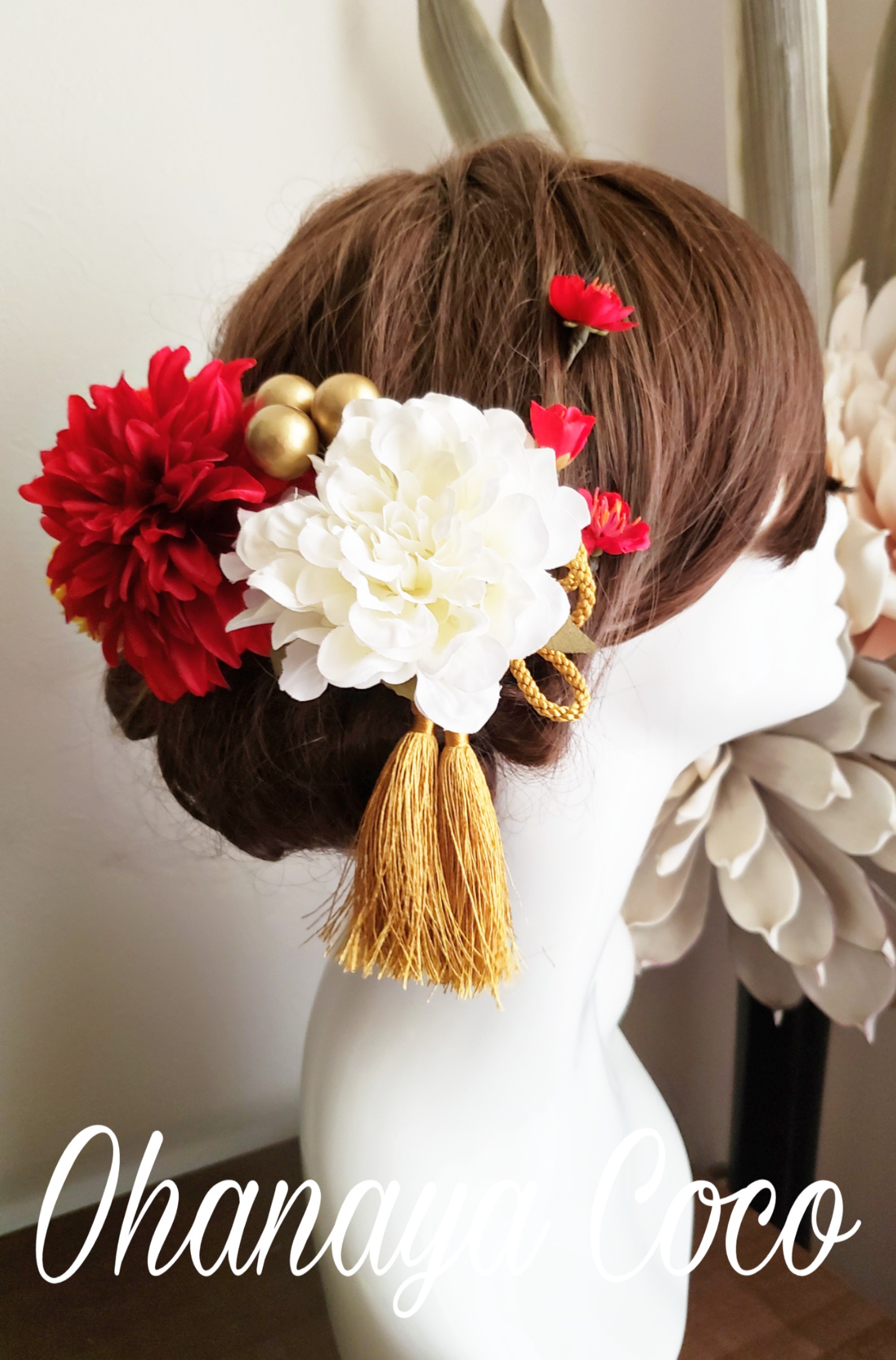 花kirari 紅白ダリアとマムの髪飾り10点set No754 和装 成人式 Iichi ハンドメイド クラフト作品 手仕事品の通販